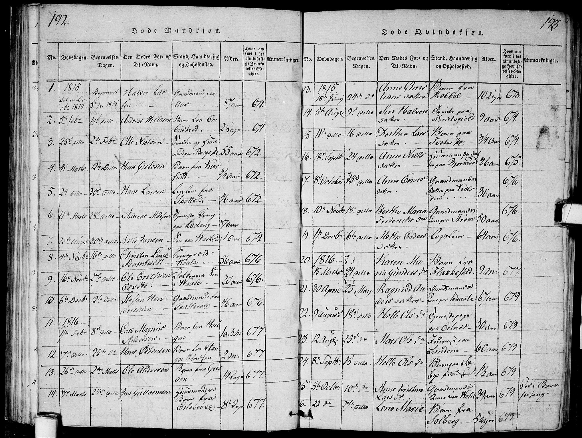 Våler prestekontor Kirkebøker, SAO/A-11083/G/Ga/L0001: Parish register (copy) no. I 1, 1815-1839, p. 192-193