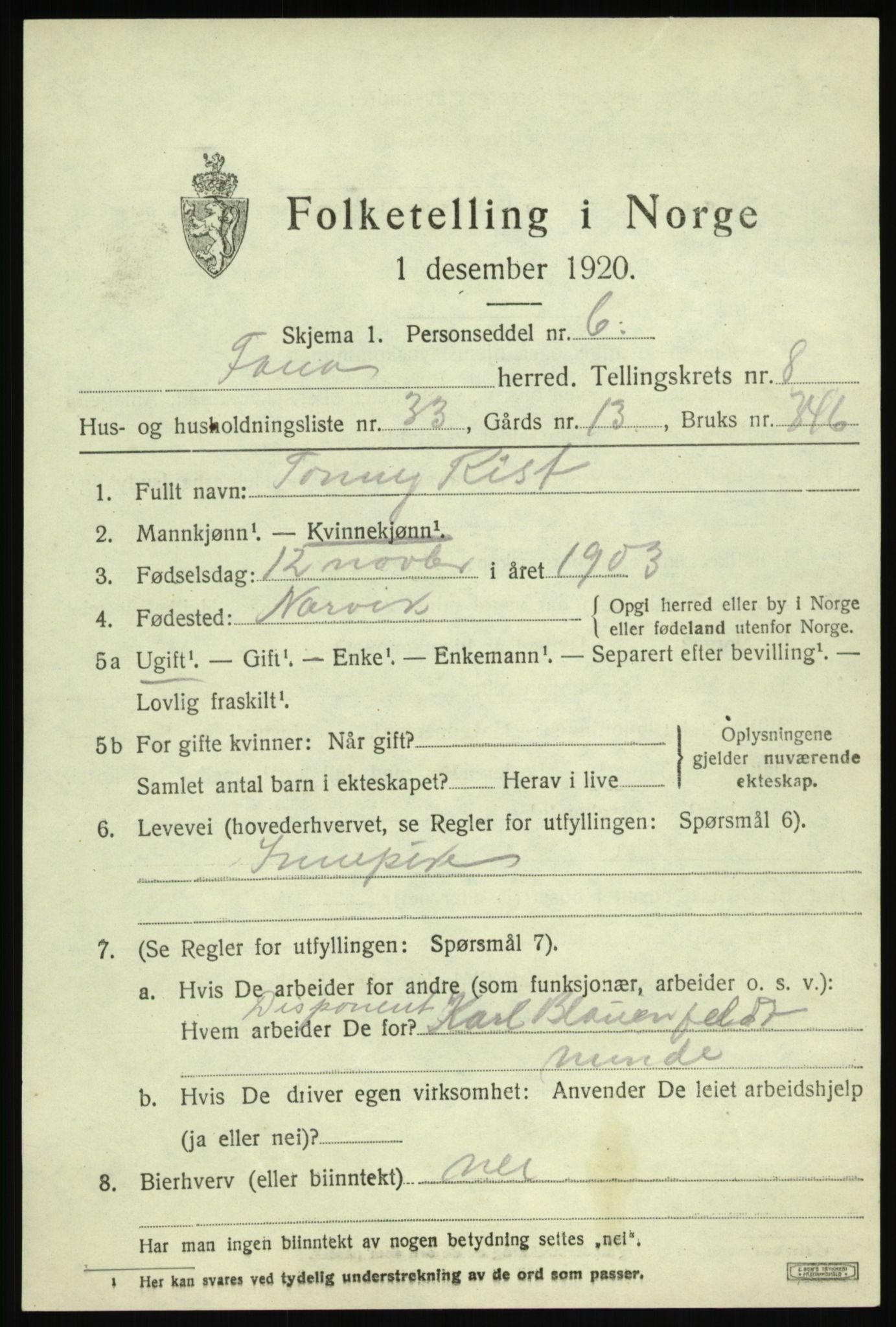 SAB, 1920 census for Fana, 1920, p. 13879