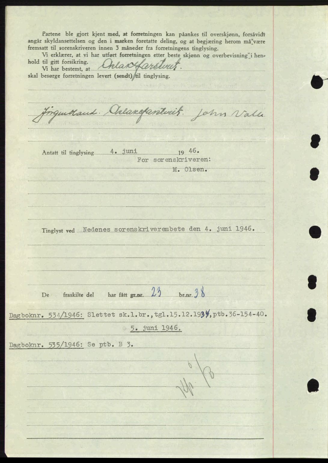 Nedenes sorenskriveri, AV/SAK-1221-0006/G/Gb/Gba/L0054: Mortgage book no. A6c, 1946-1946, Diary no: : 533/1946