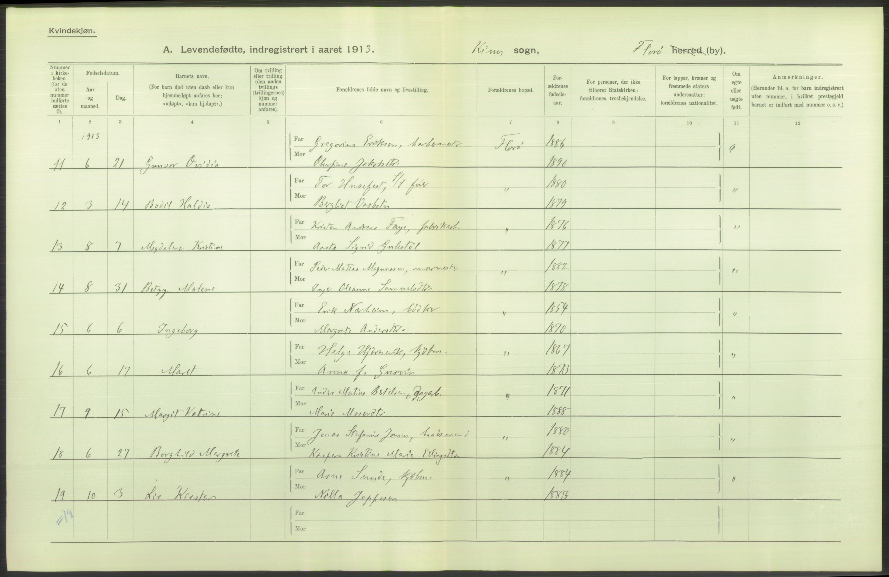 Statistisk sentralbyrå, Sosiodemografiske emner, Befolkning, RA/S-2228/D/Df/Dfb/Dfbc/L0034: Florø by: Levendefødte menn og kvinner, gifte, døde, dødfødte., 1913, p. 3