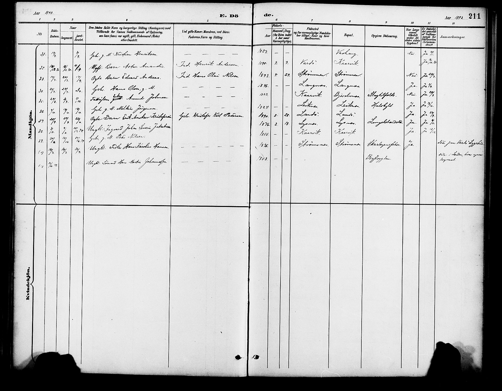 Lenvik sokneprestembete, SATØ/S-1310/H/Ha/Haa/L0013kirke: Parish register (official) no. 13, 1890-1898, p. 211