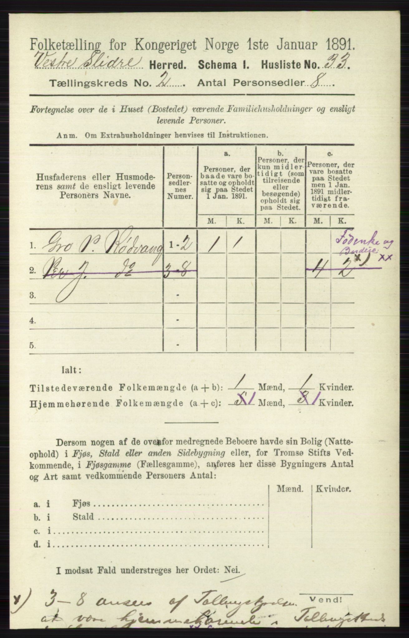 RA, 1891 census for 0543 Vestre Slidre, 1891, p. 493