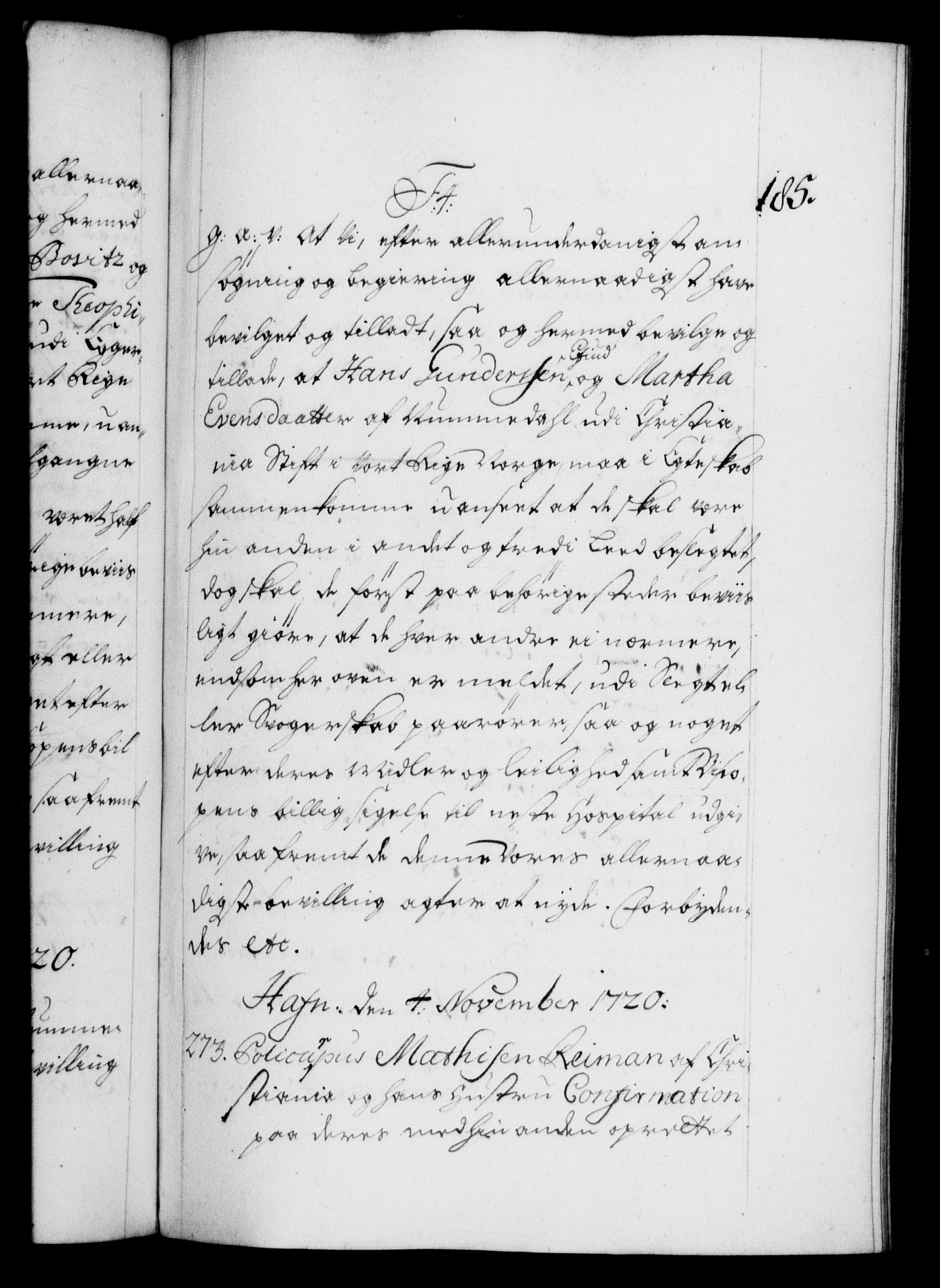 Danske Kanselli 1572-1799, RA/EA-3023/F/Fc/Fca/Fcaa/L0023: Norske registre, 1720-1722, p. 185a