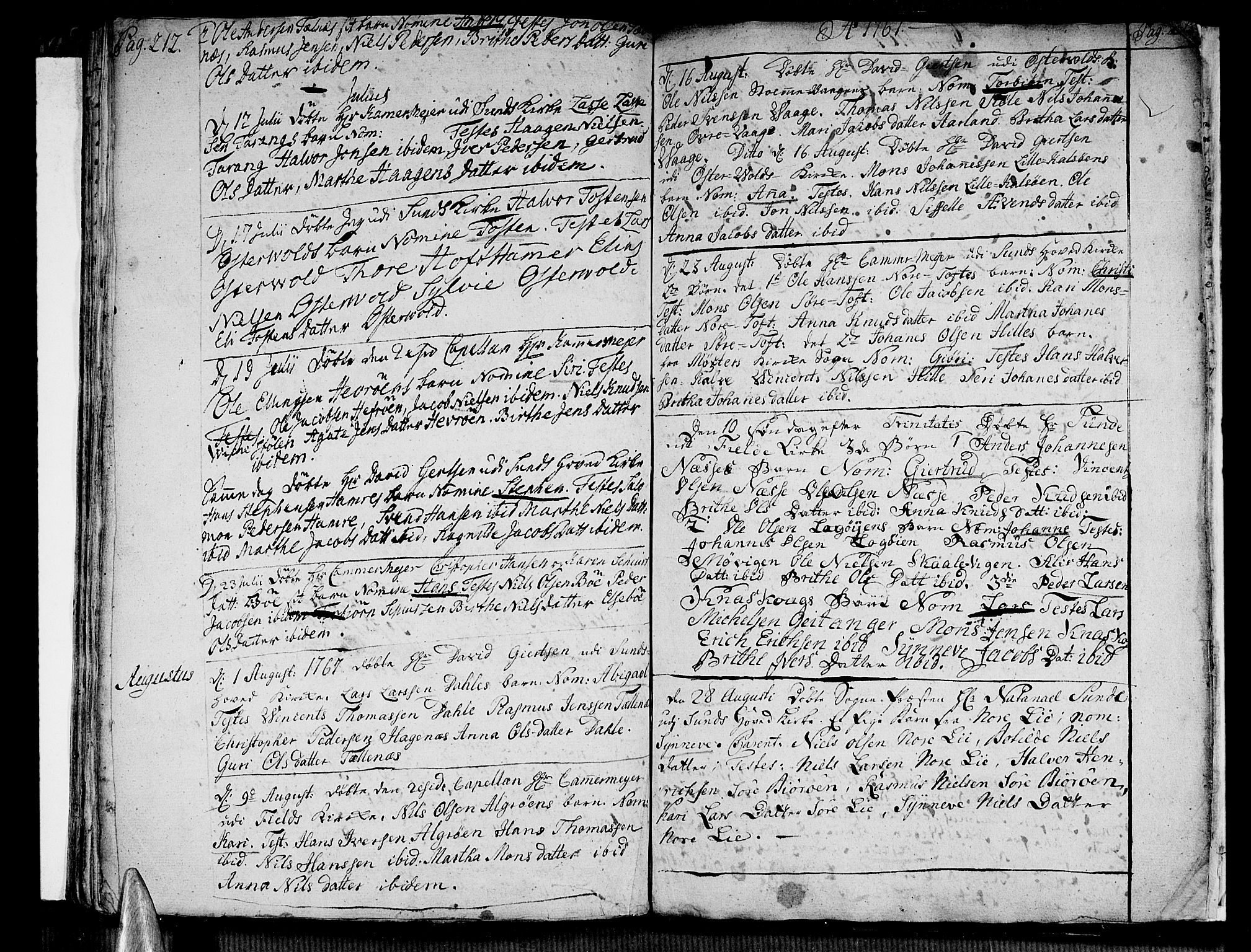 Sund sokneprestembete, AV/SAB-A-99930: Parish register (official) no. A 4, 1748-1769, p. 212-213