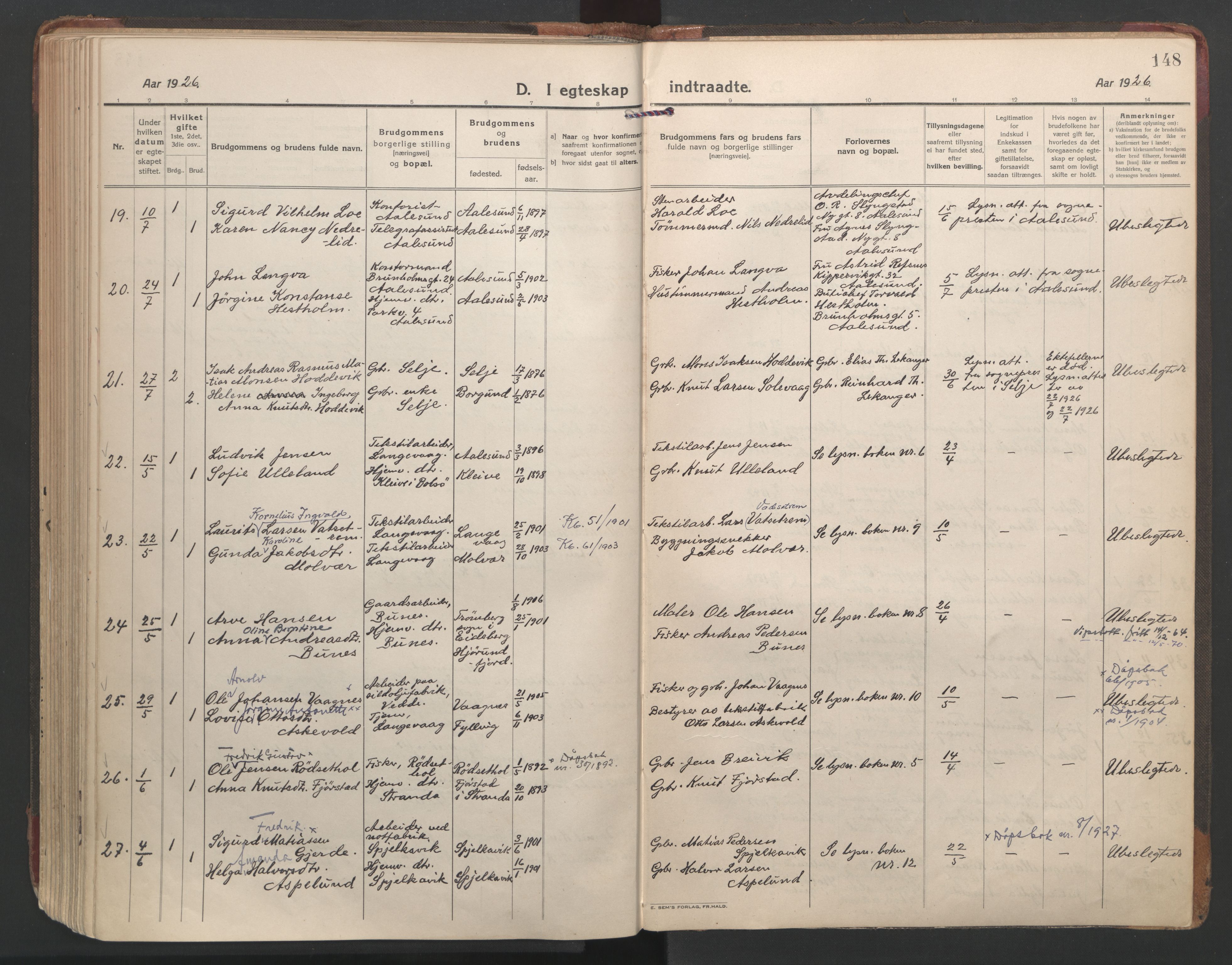 Ministerialprotokoller, klokkerbøker og fødselsregistre - Møre og Romsdal, AV/SAT-A-1454/528/L0412: Parish register (official) no. 528A21, 1920-1926, p. 148