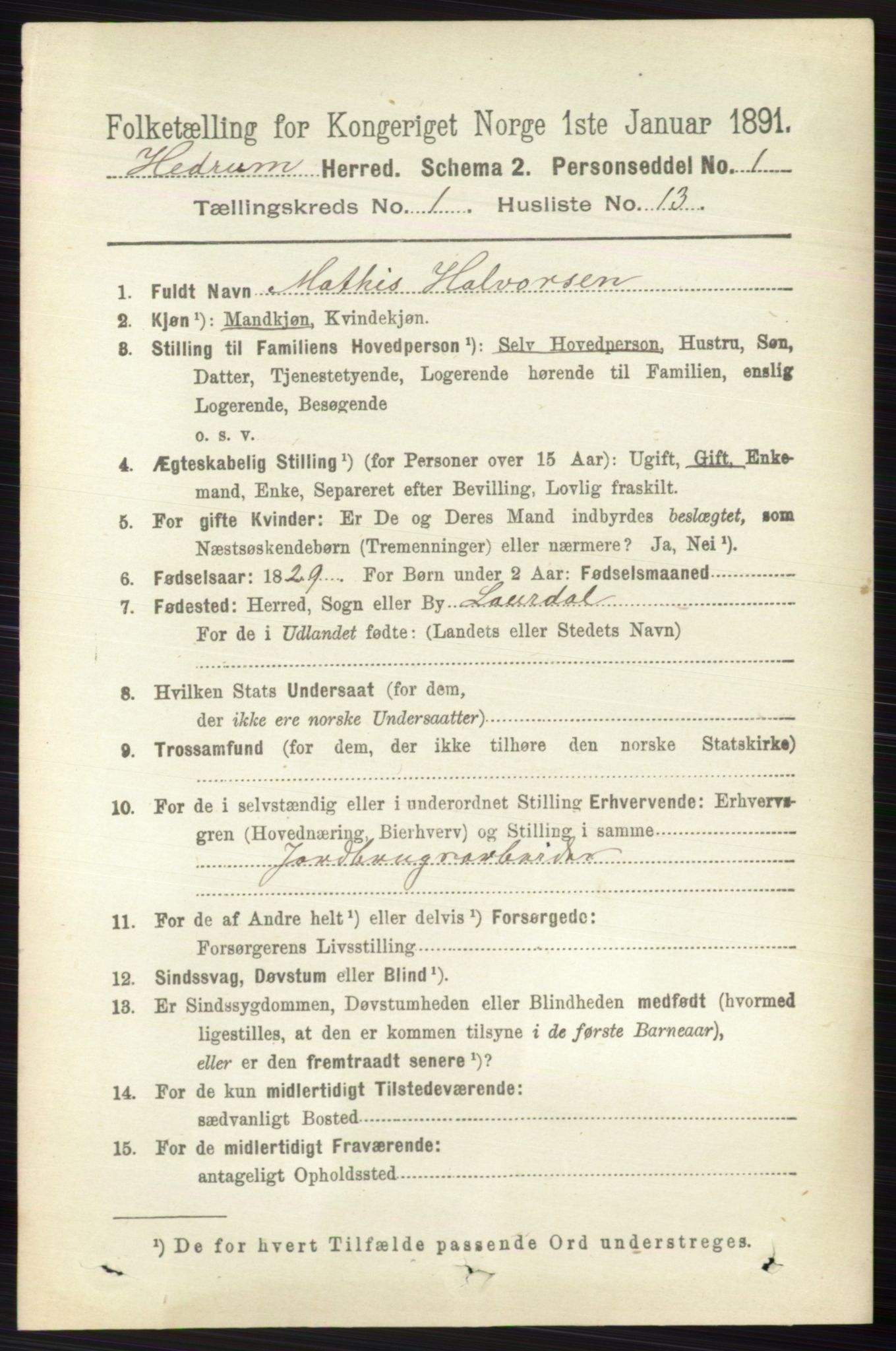 RA, 1891 census for 0727 Hedrum, 1891, p. 272