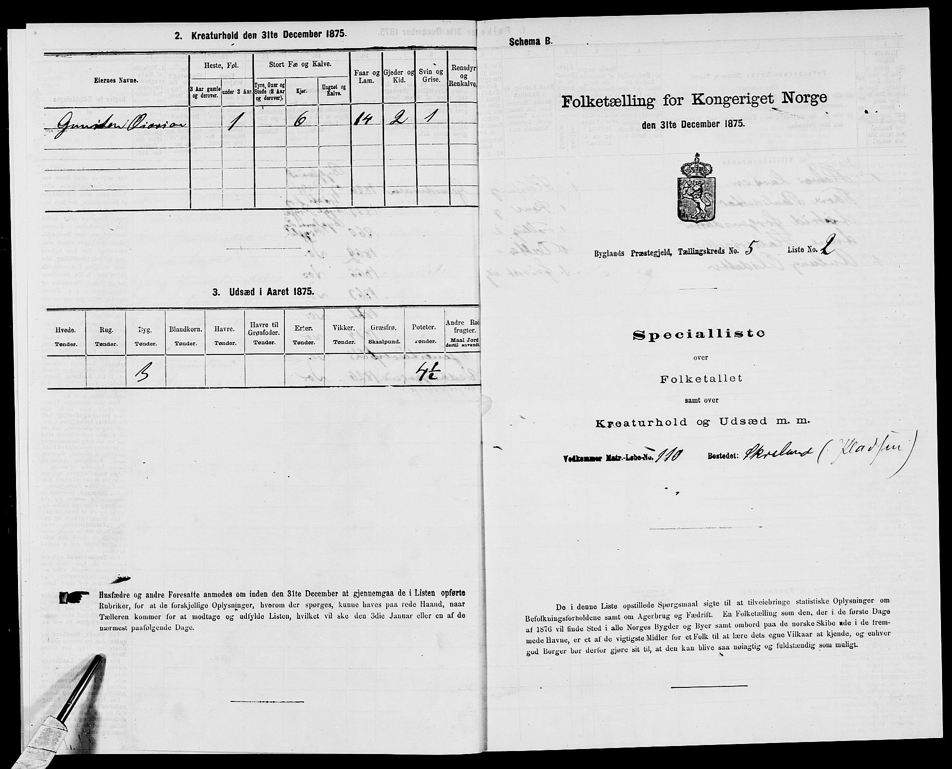 SAK, 1875 census for 0938P Bygland, 1875, p. 401