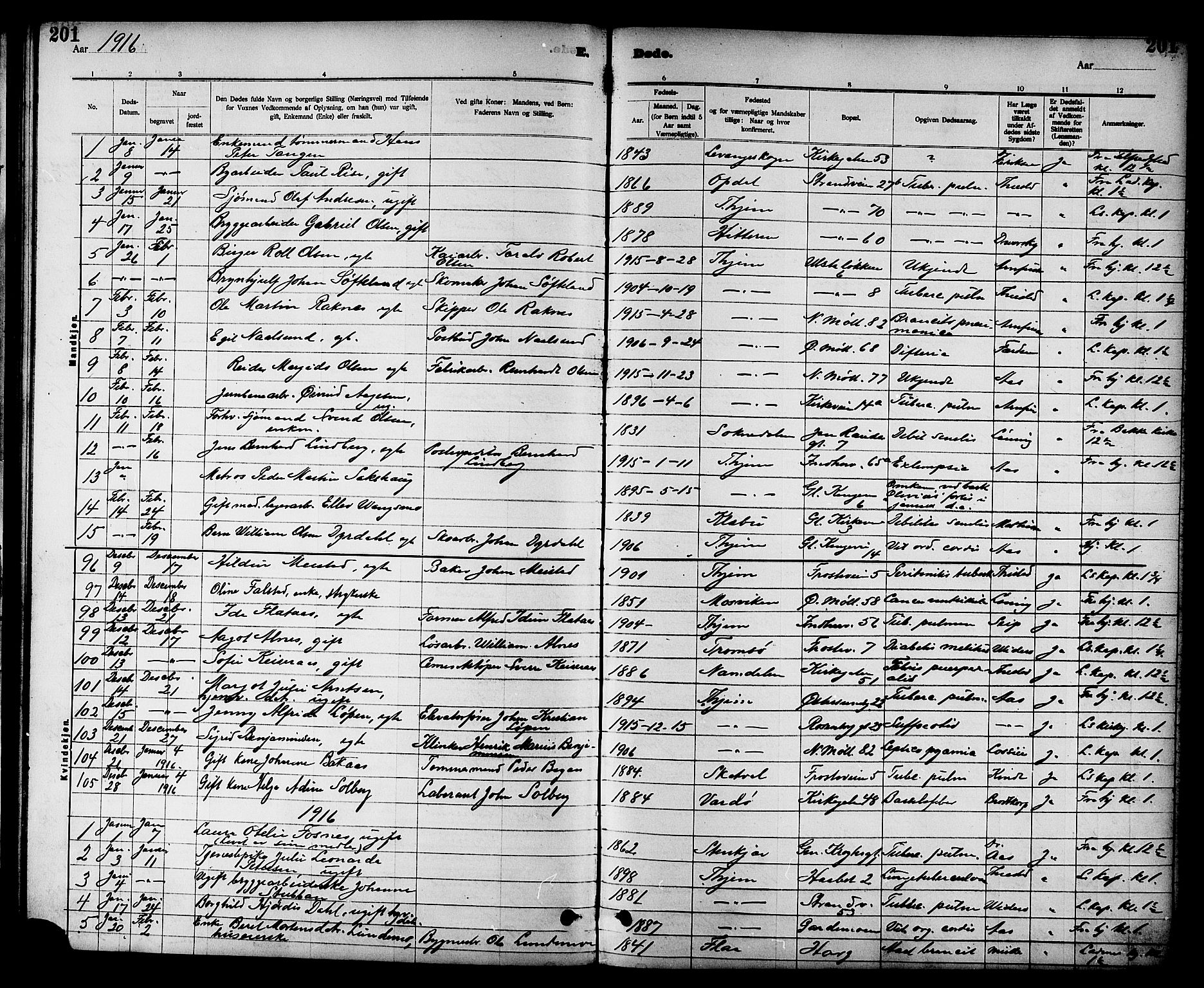 Ministerialprotokoller, klokkerbøker og fødselsregistre - Sør-Trøndelag, SAT/A-1456/605/L0255: Parish register (copy) no. 605C02, 1908-1918, p. 201
