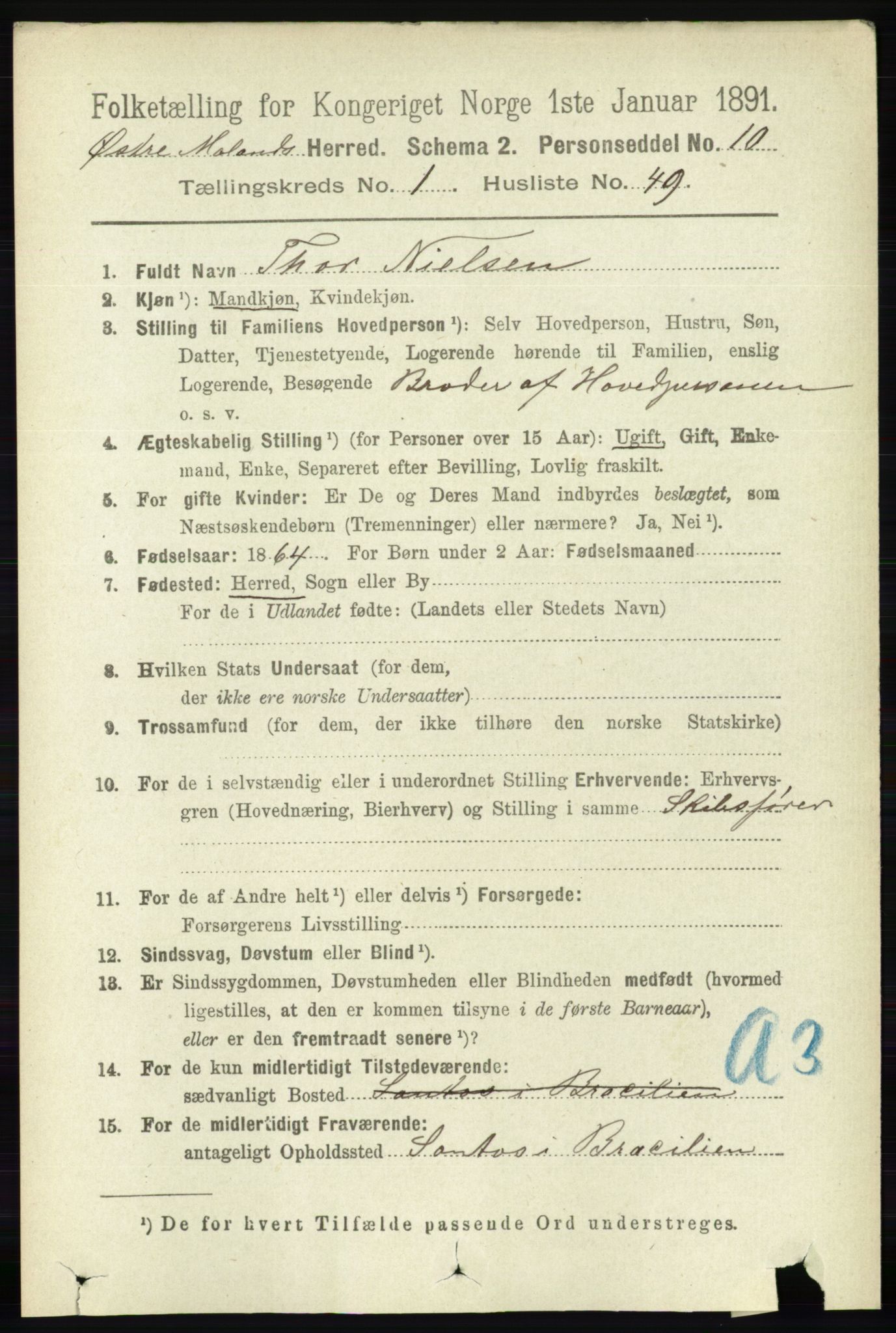 RA, 1891 census for 0918 Austre Moland, 1891, p. 423