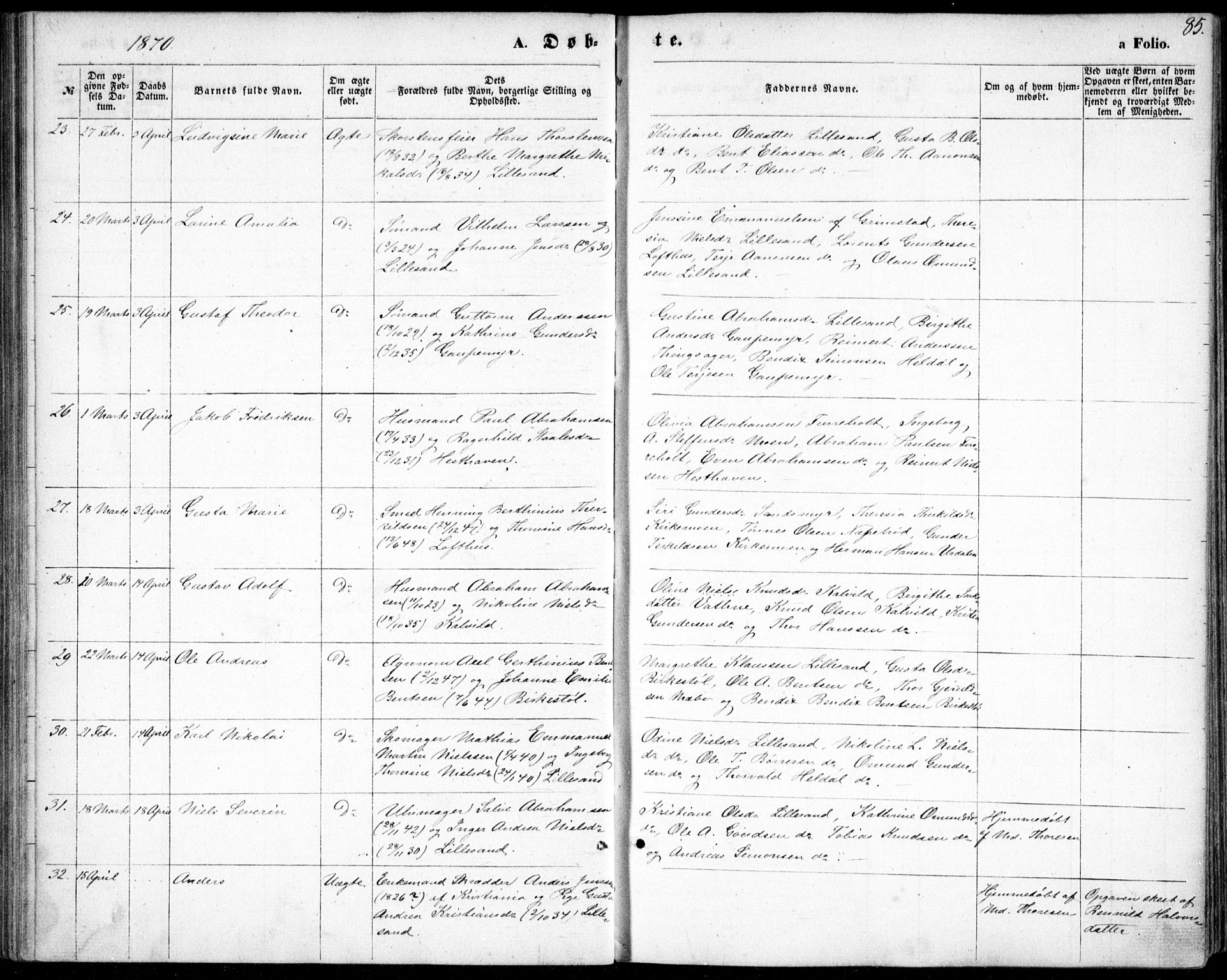 Vestre Moland sokneprestkontor, AV/SAK-1111-0046/F/Fb/Fbb/L0004: Parish register (copy) no. B 4, 1861-1872, p. 85