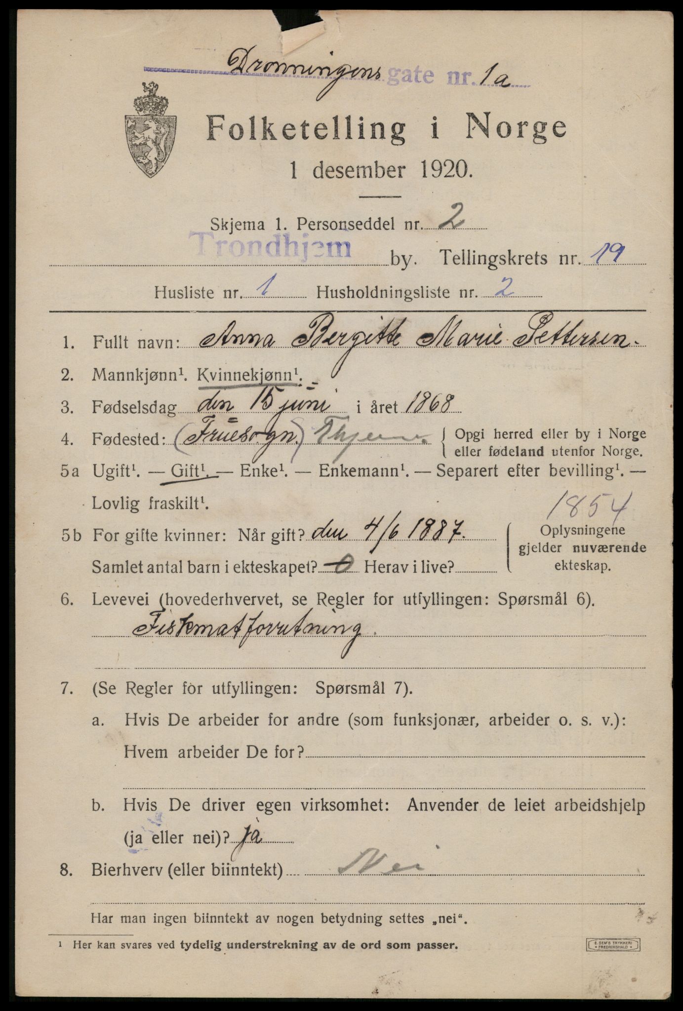 SAT, 1920 census for Trondheim, 1920, p. 58244