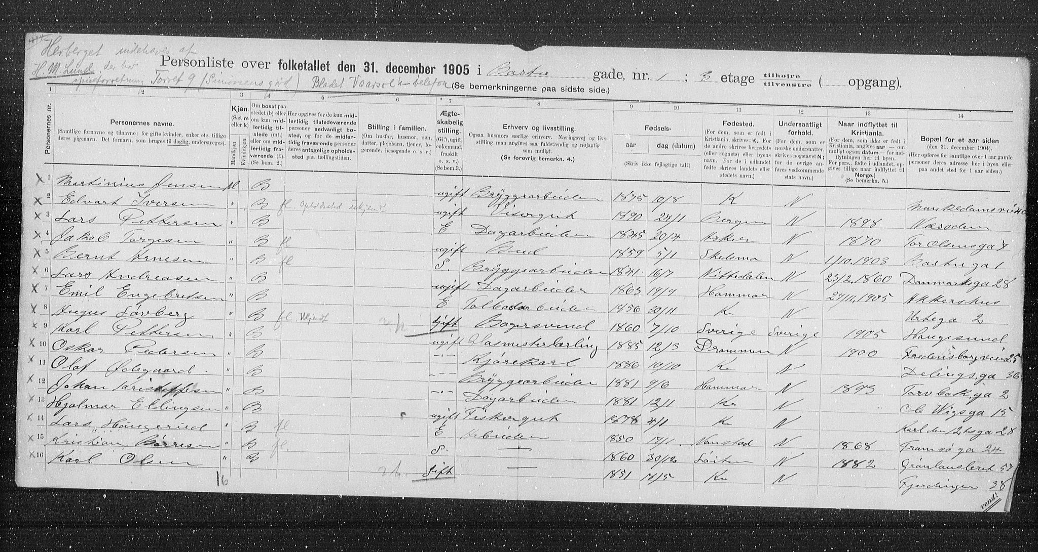 OBA, Municipal Census 1905 for Kristiania, 1905, p. 1352