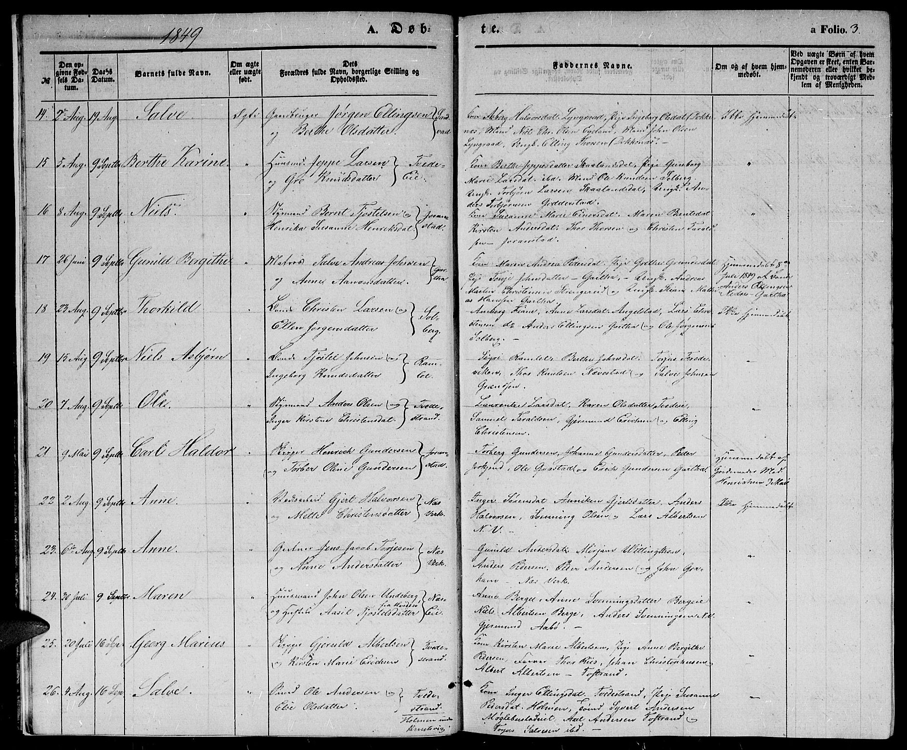 Holt sokneprestkontor, AV/SAK-1111-0021/F/Fb/L0007: Parish register (copy) no. B 7, 1849-1858, p. 3