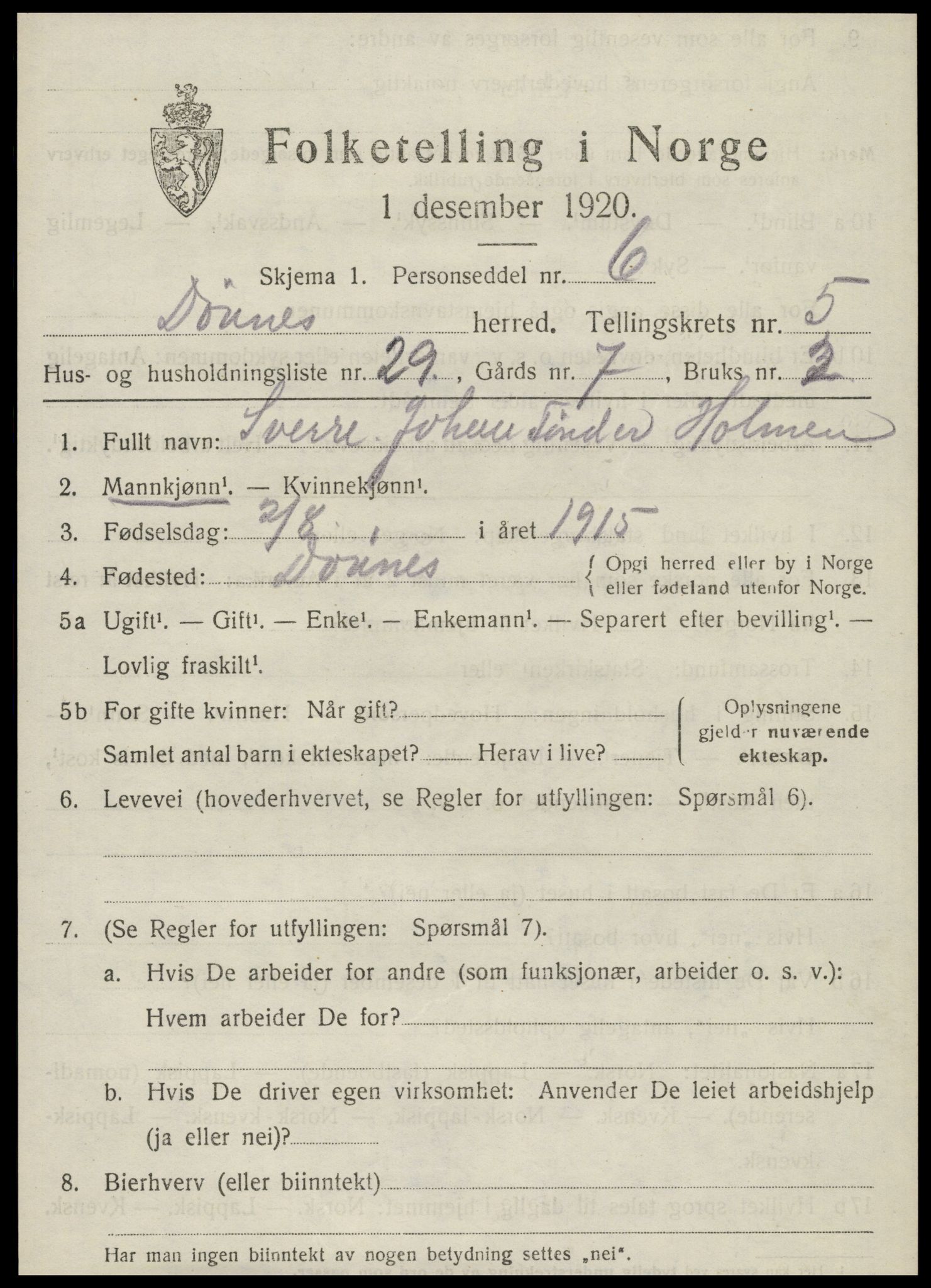 SAT, 1920 census for Dønnes, 1920, p. 3214