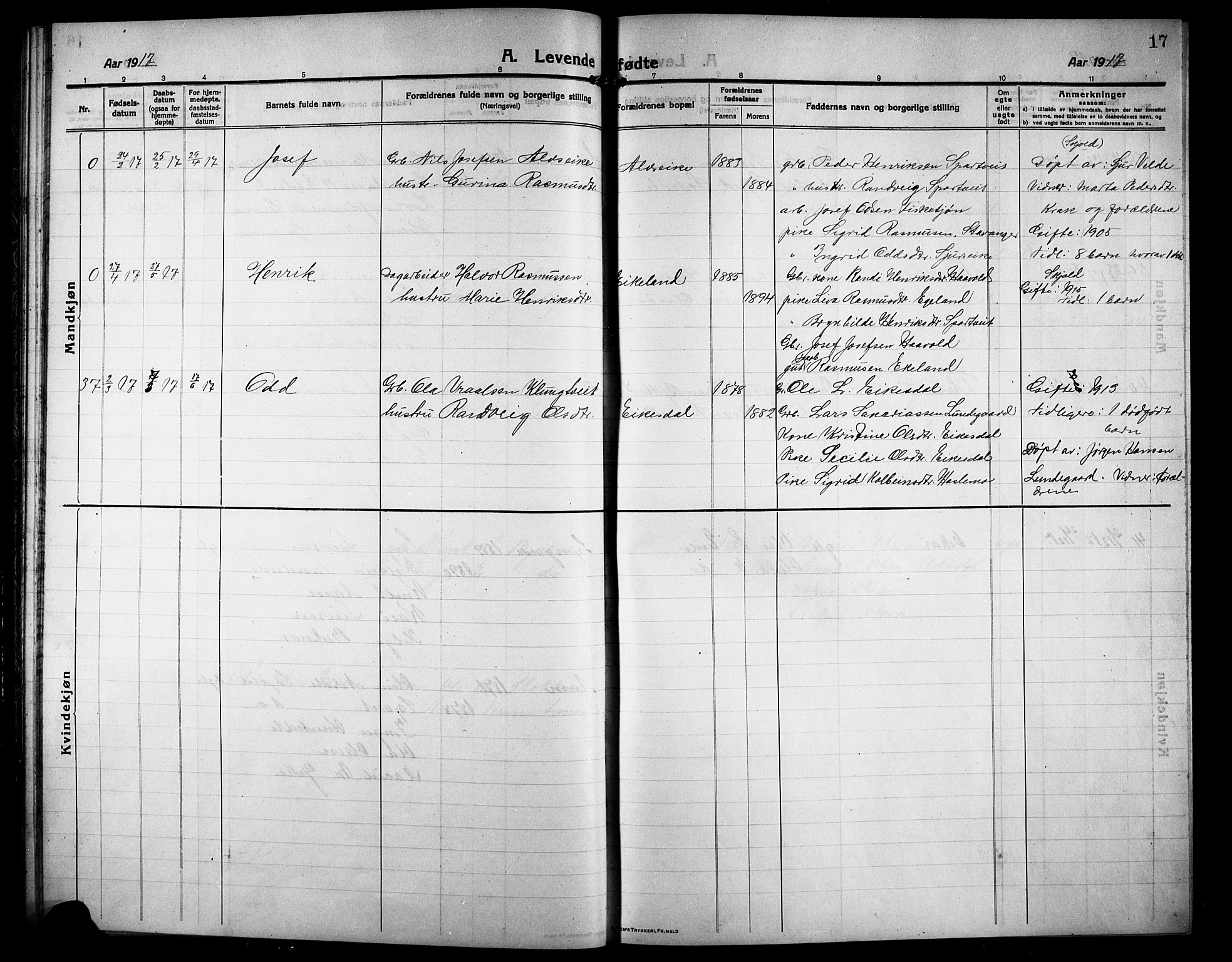 Skjold sokneprestkontor, AV/SAST-A-101847/H/Ha/Hab/L0009: Parish register (copy) no. B 9, 1914-1925, p. 17