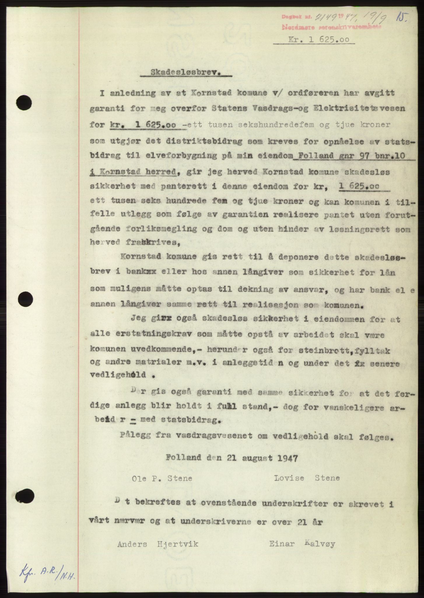 Nordmøre sorenskriveri, AV/SAT-A-4132/1/2/2Ca: Mortgage book no. B97, 1947-1948, Diary no: : 2149/1947