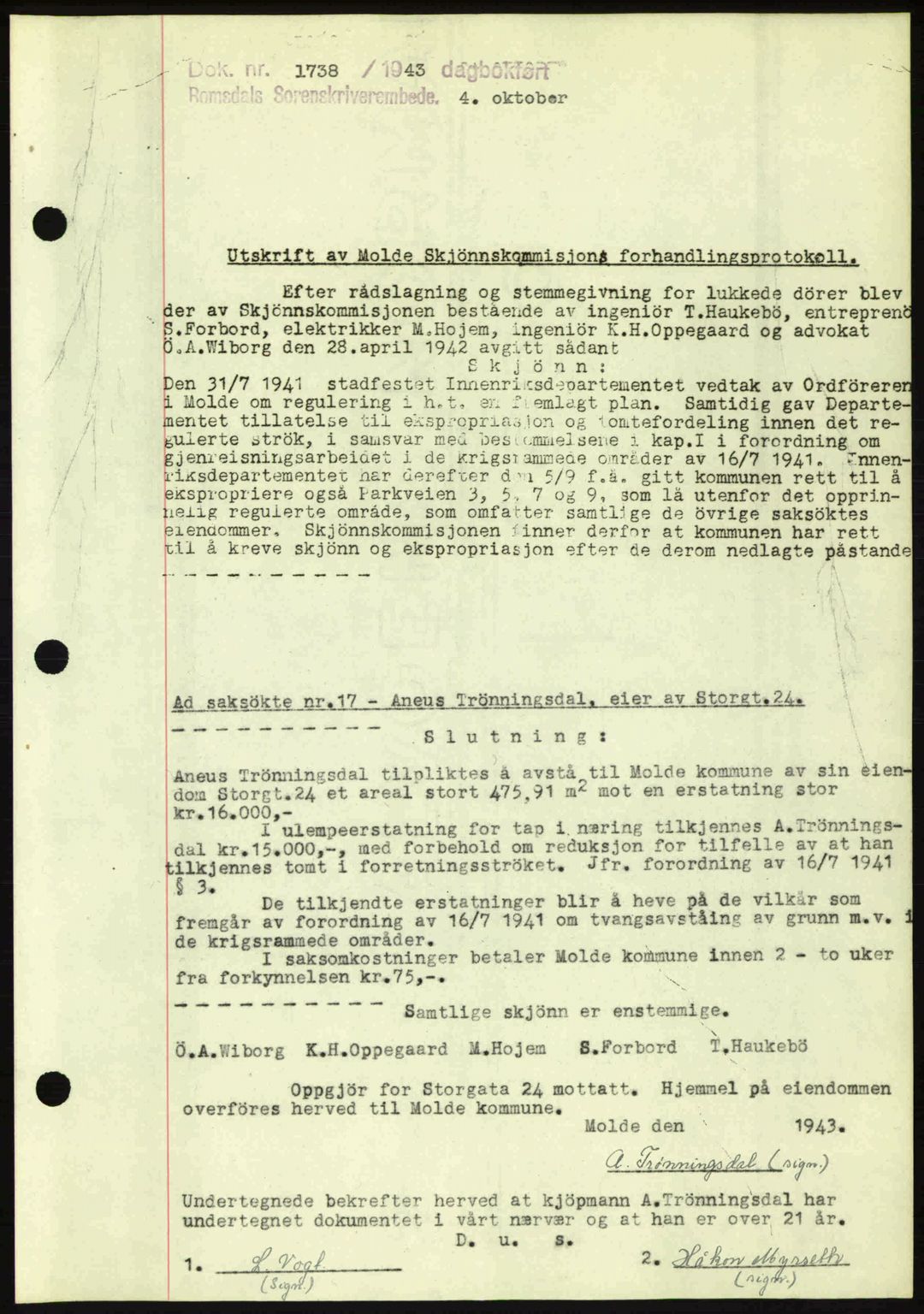 Romsdal sorenskriveri, AV/SAT-A-4149/1/2/2C: Mortgage book no. A15, 1943-1944, Diary no: : 1738/1943