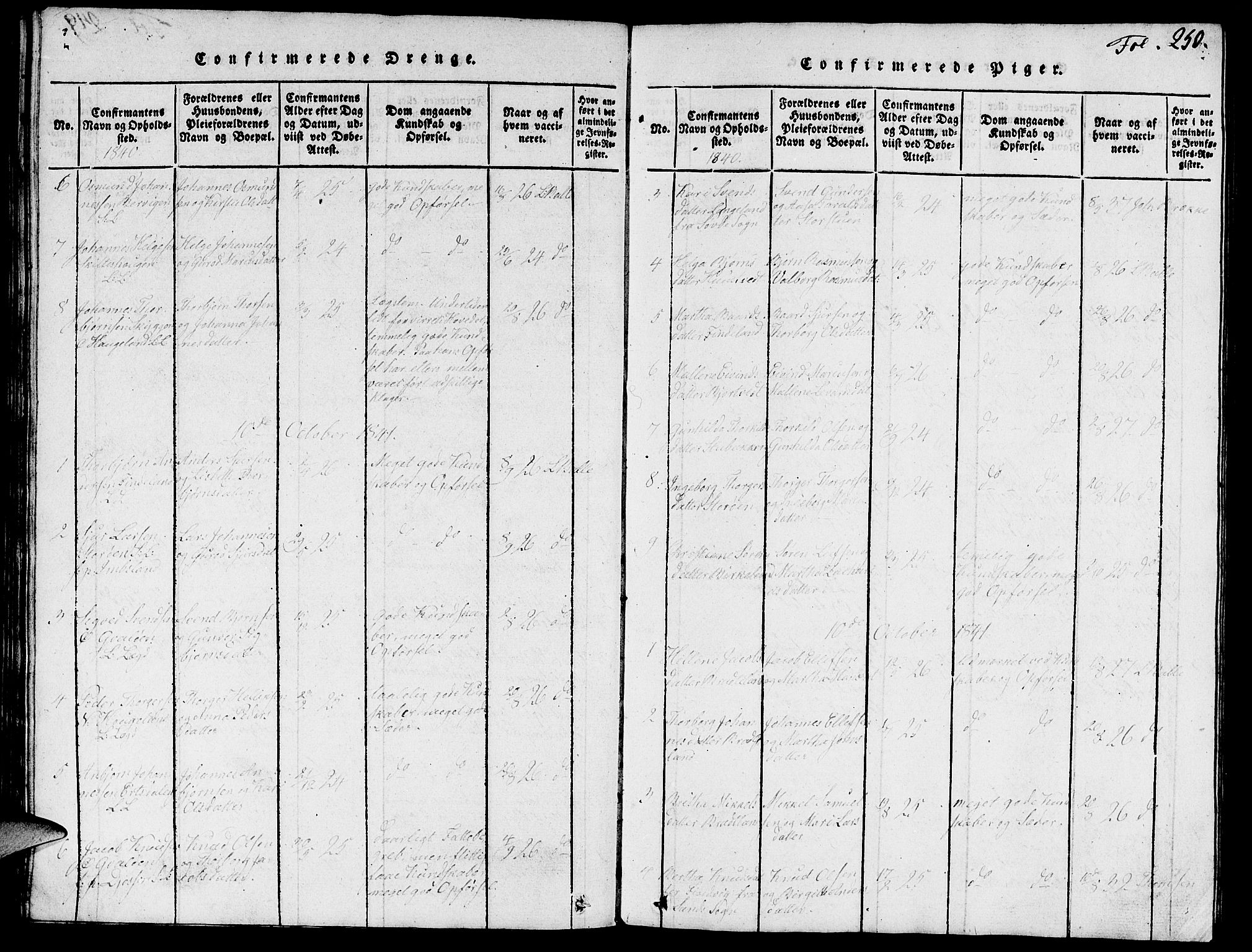 Vikedal sokneprestkontor, SAST/A-101840/01/V: Parish register (copy) no. B 3, 1816-1867, p. 250