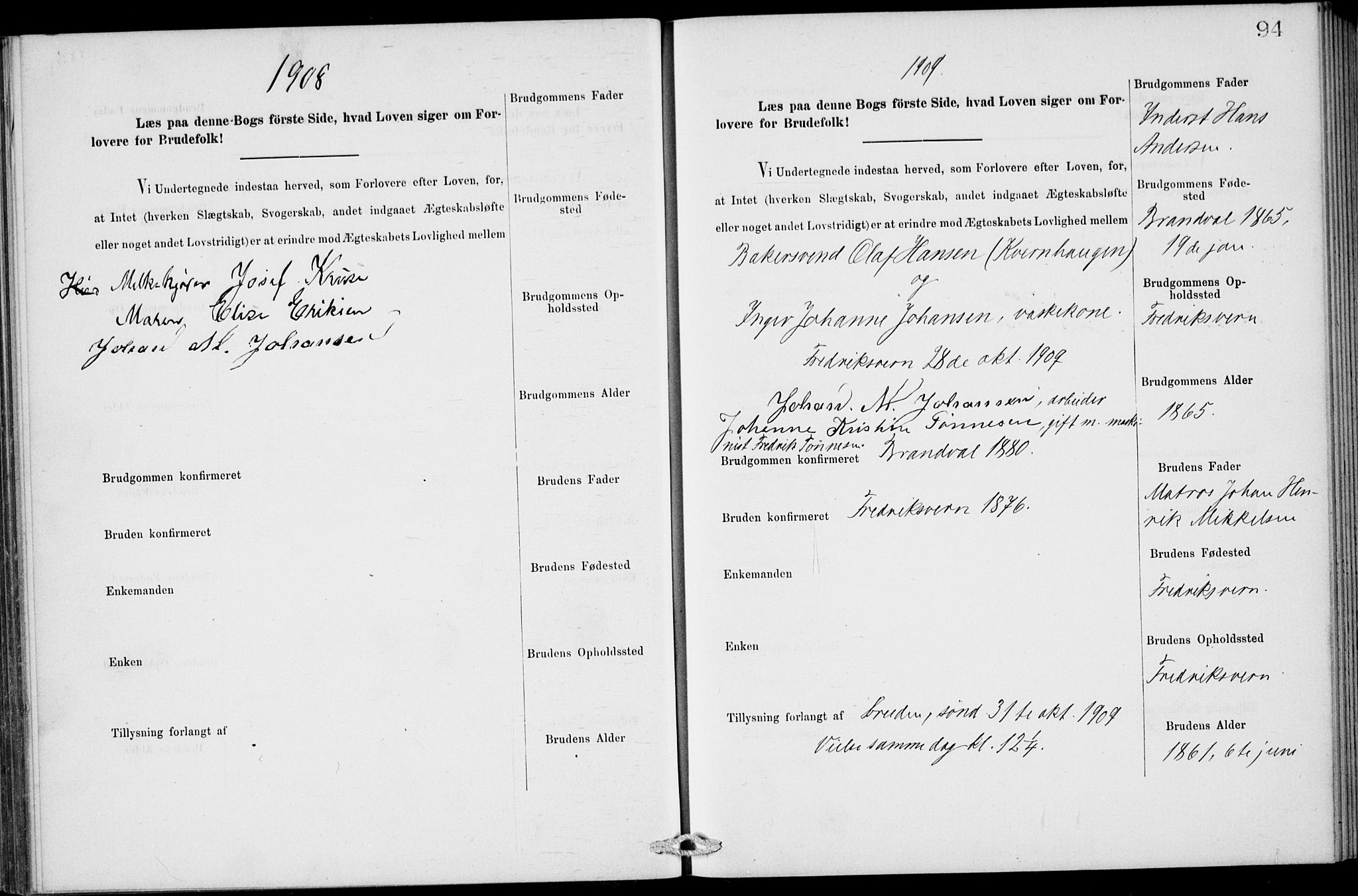 Stavern kirkebøker, AV/SAKO-A-318/H/Ha/L0001: Banns register no. 1, 1875-1918, p. 94