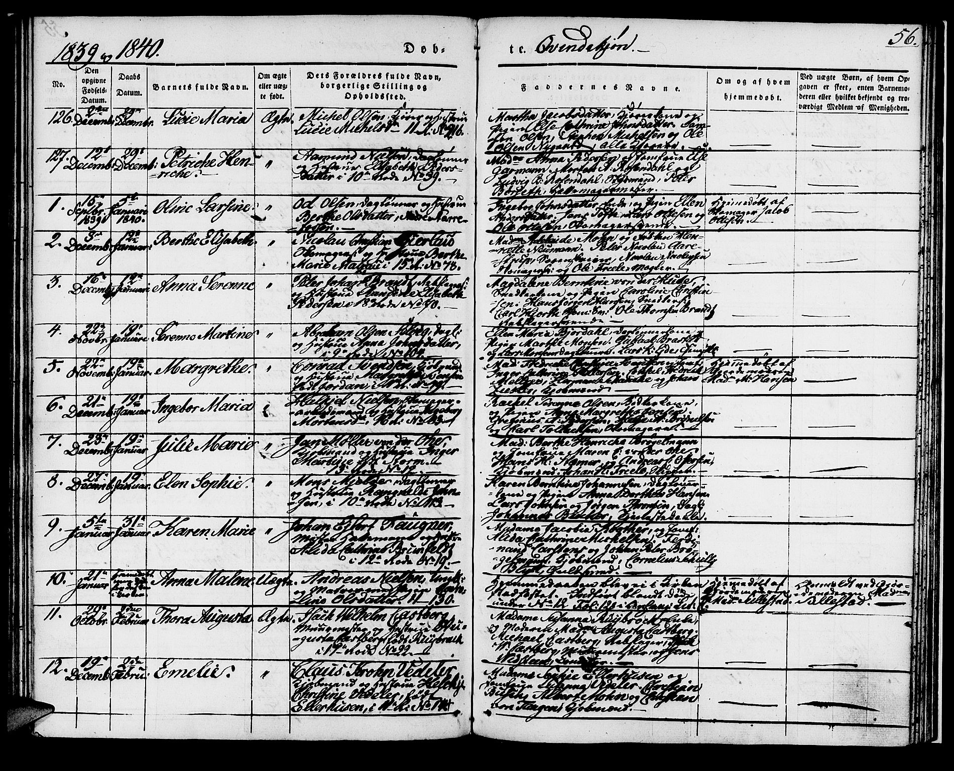 Domkirken sokneprestembete, SAB/A-74801/H/Haa/L0018: Parish register (official) no. B 1, 1838-1840, p. 56