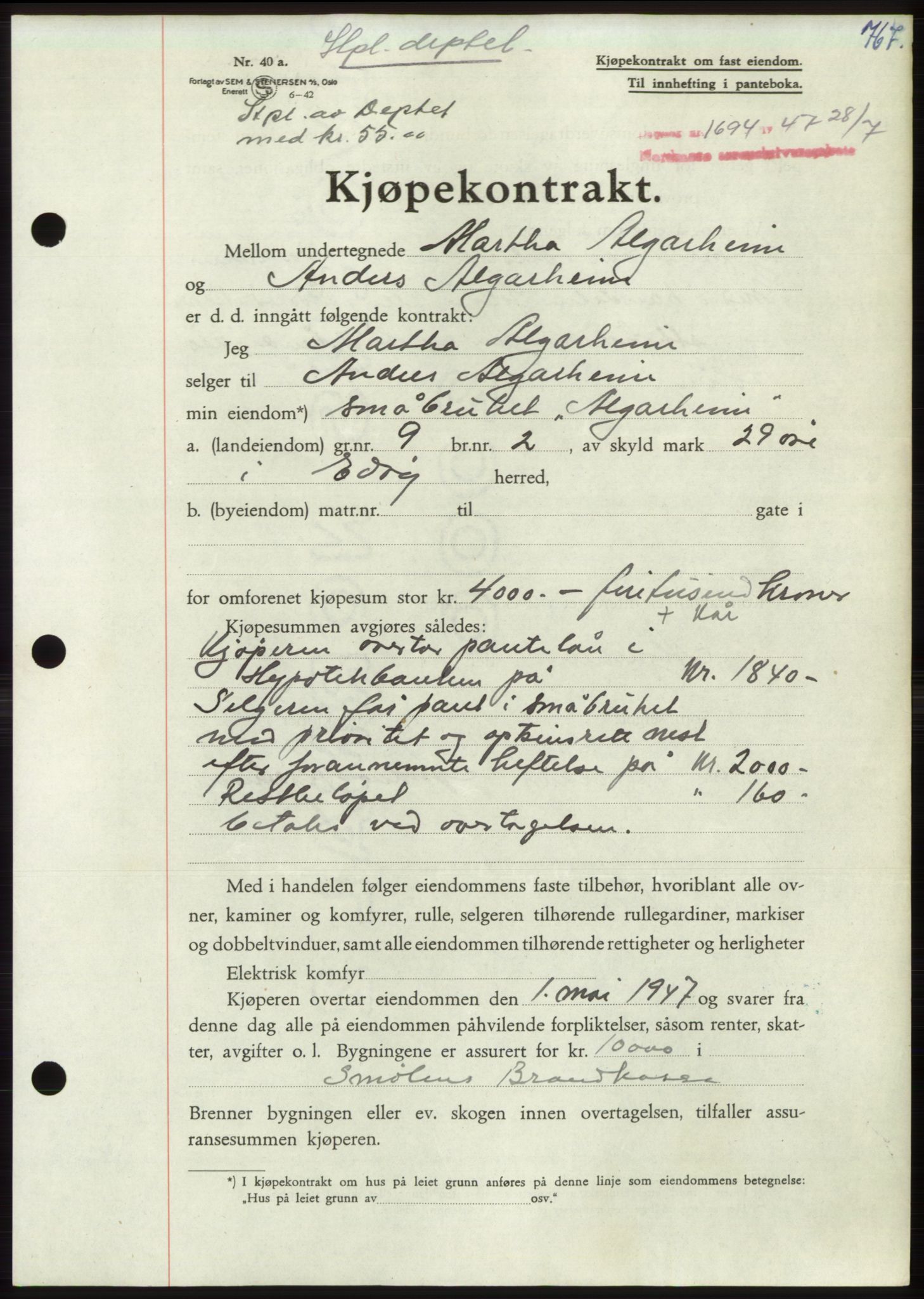 Nordmøre sorenskriveri, AV/SAT-A-4132/1/2/2Ca: Mortgage book no. B96, 1947-1947, Diary no: : 1694/1947