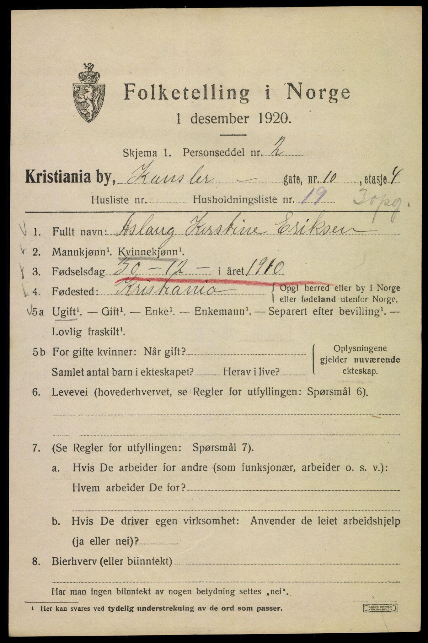 SAO, 1920 census for Kristiania, 1920, p. 327121