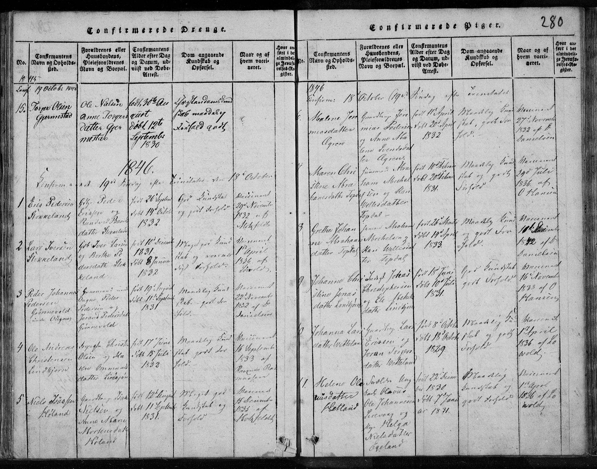 Eigersund sokneprestkontor, AV/SAST-A-101807/S08/L0008: Parish register (official) no. A 8, 1816-1847, p. 280