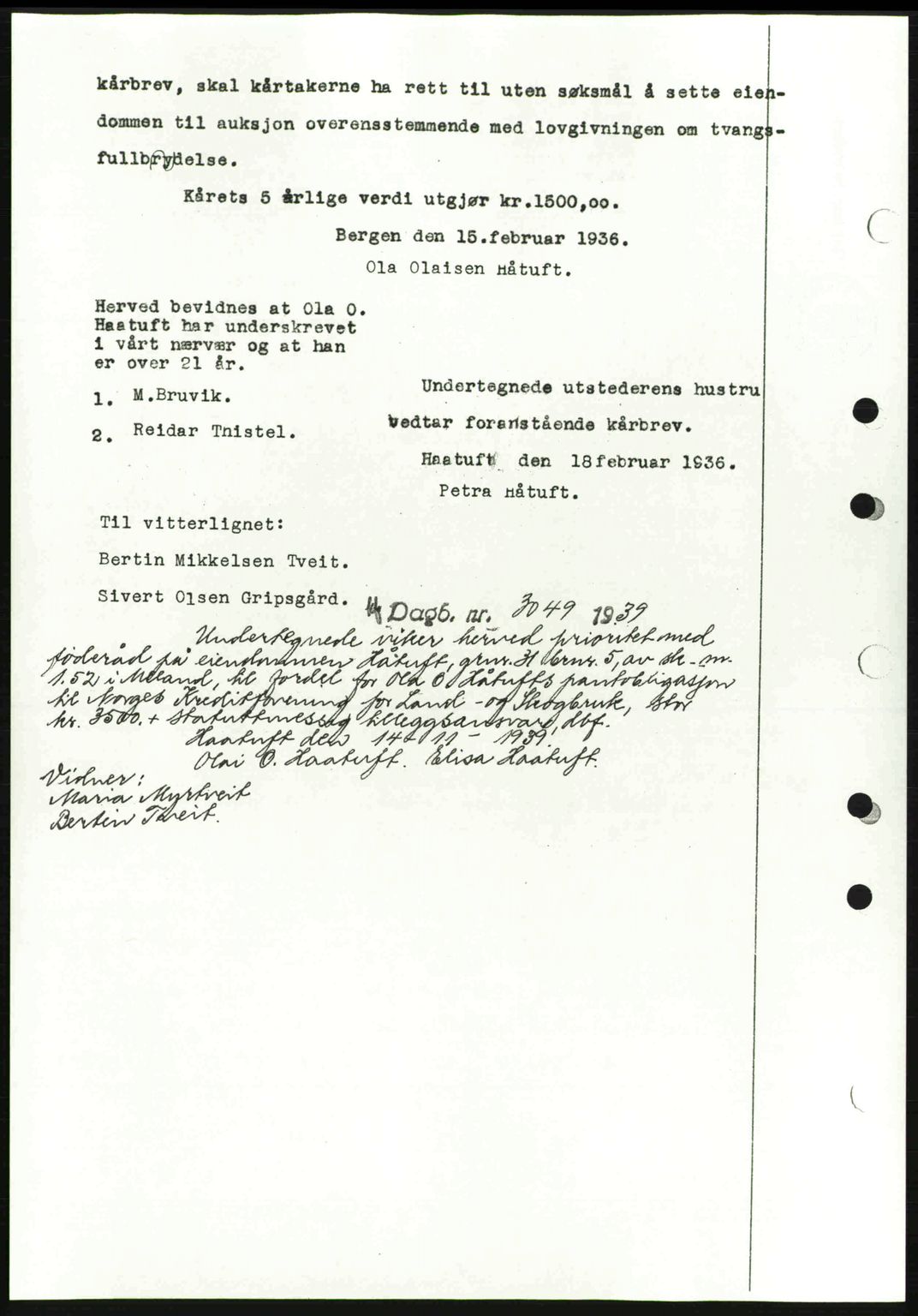 Nordhordland sorenskrivar, SAB/A-2901/1/G/Gb/Gbf/L0010: Mortgage book no. A10, 1939-1940, Diary no: : 565/1936