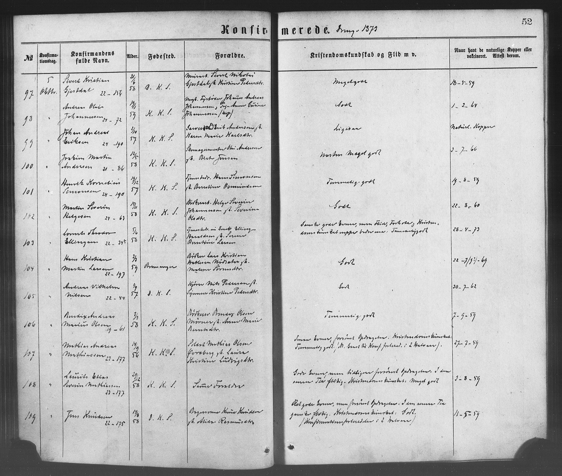 Korskirken sokneprestembete, AV/SAB-A-76101/H/Haa/L0028: Parish register (official) no. C 4, 1868-1879, p. 52