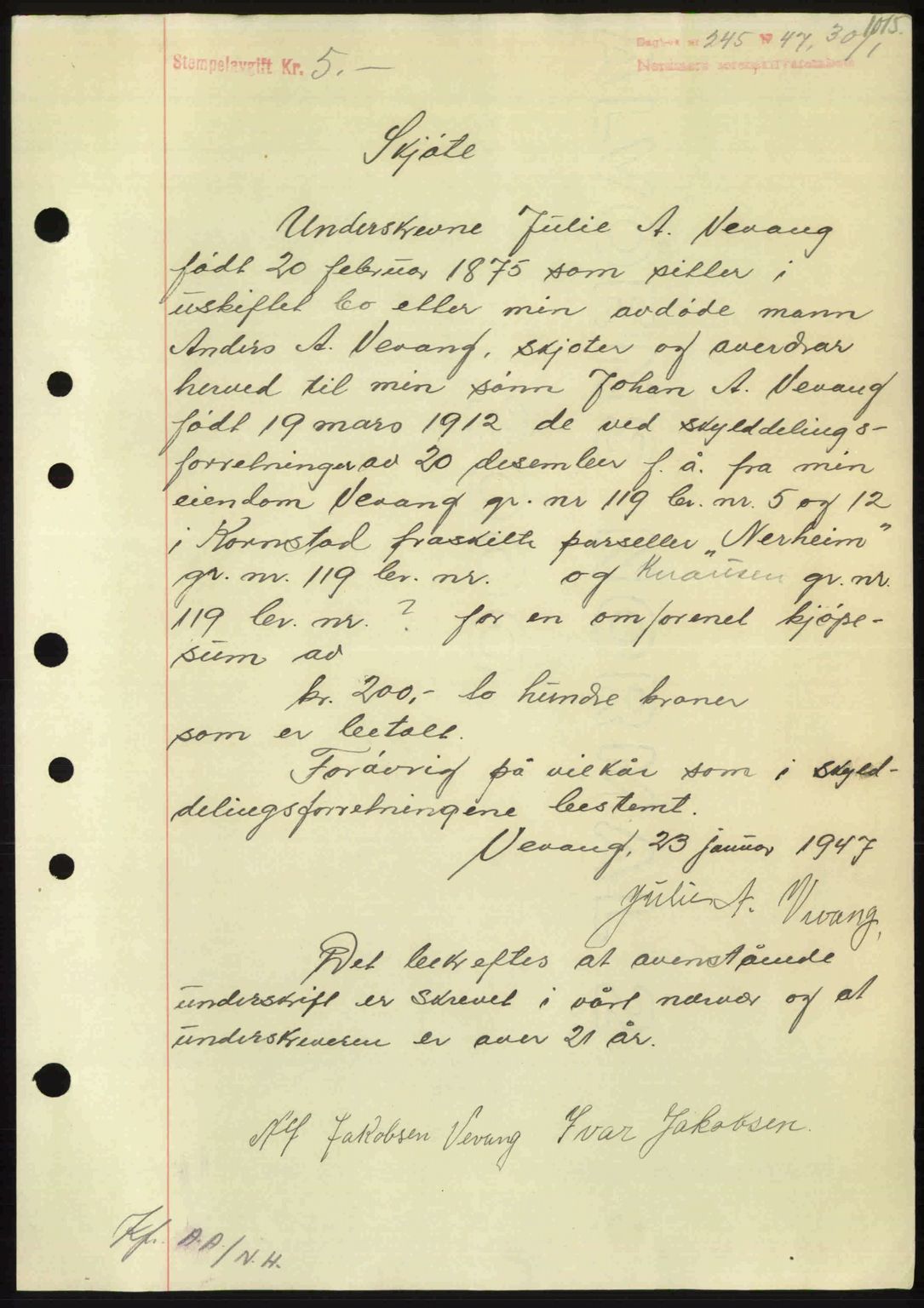 Nordmøre sorenskriveri, AV/SAT-A-4132/1/2/2Ca: Mortgage book no. A103, 1946-1947, Diary no: : 245/1947