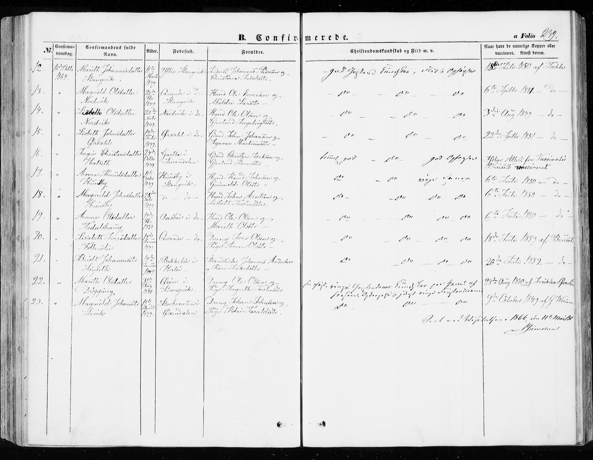Ministerialprotokoller, klokkerbøker og fødselsregistre - Møre og Romsdal, SAT/A-1454/592/L1026: Parish register (official) no. 592A04, 1849-1867, p. 239