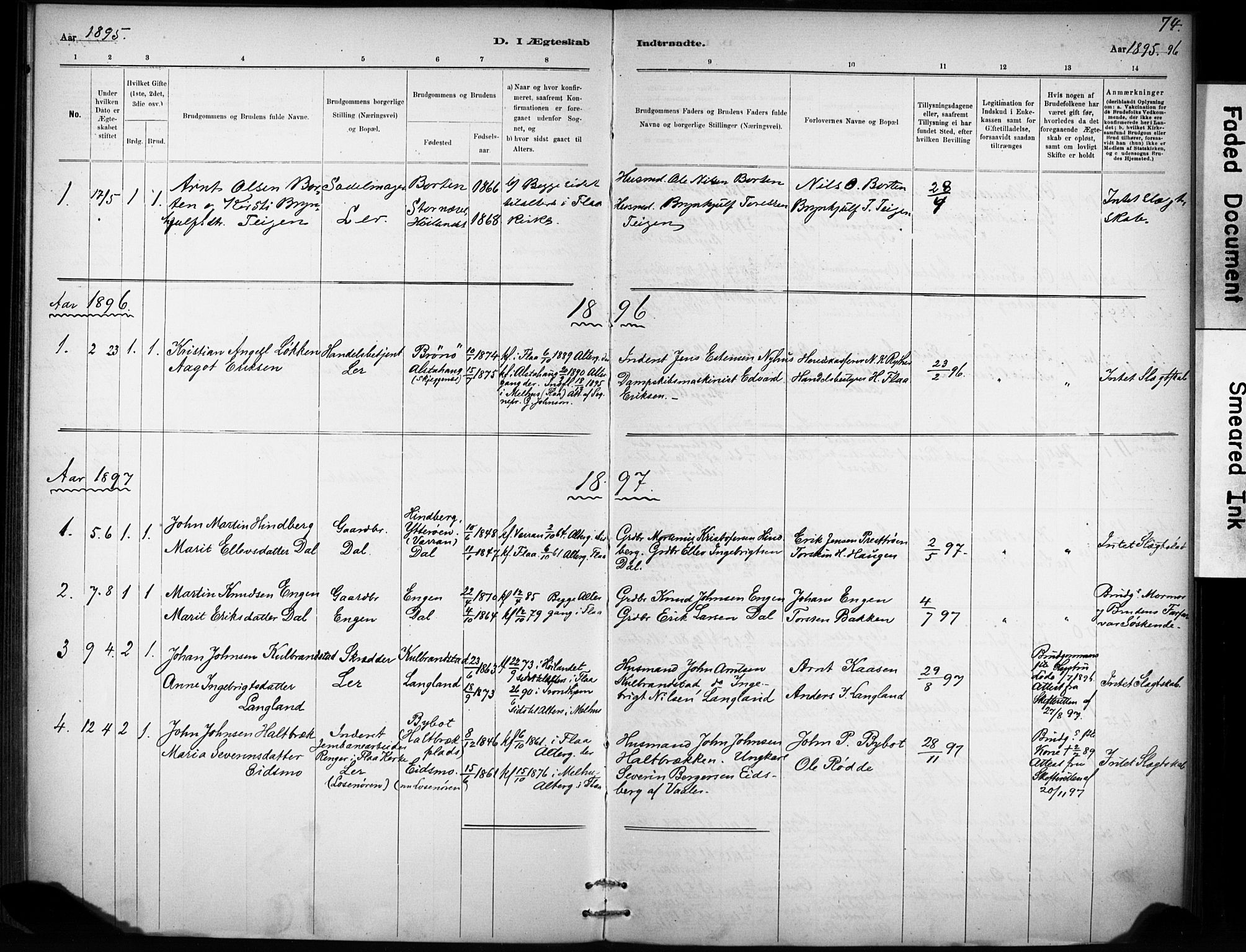 Ministerialprotokoller, klokkerbøker og fødselsregistre - Sør-Trøndelag, SAT/A-1456/693/L1119: Parish register (official) no. 693A01, 1887-1905, p. 74