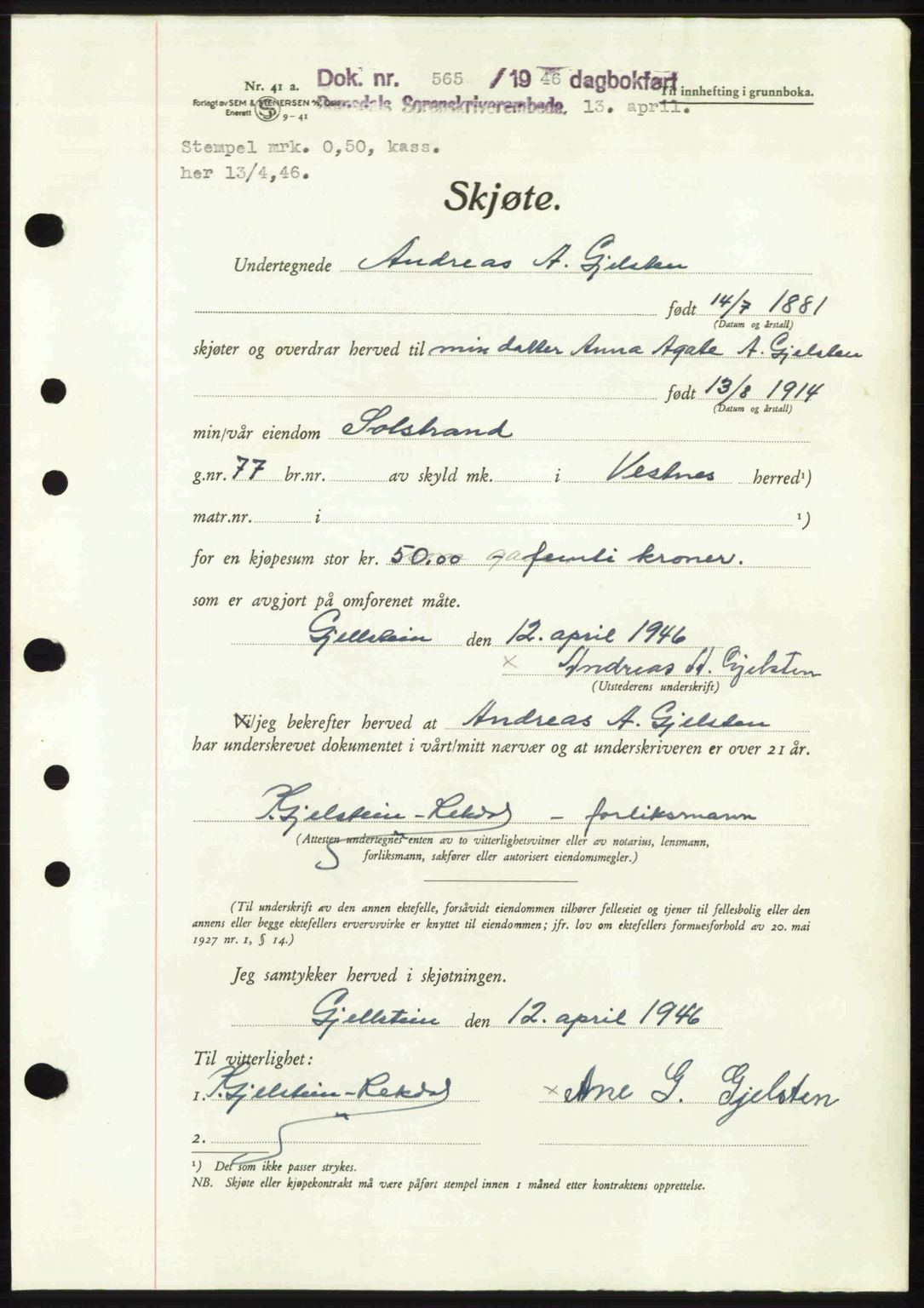 Romsdal sorenskriveri, SAT/A-4149/1/2/2C: Mortgage book no. A19, 1946-1946, Diary no: : 565/1946