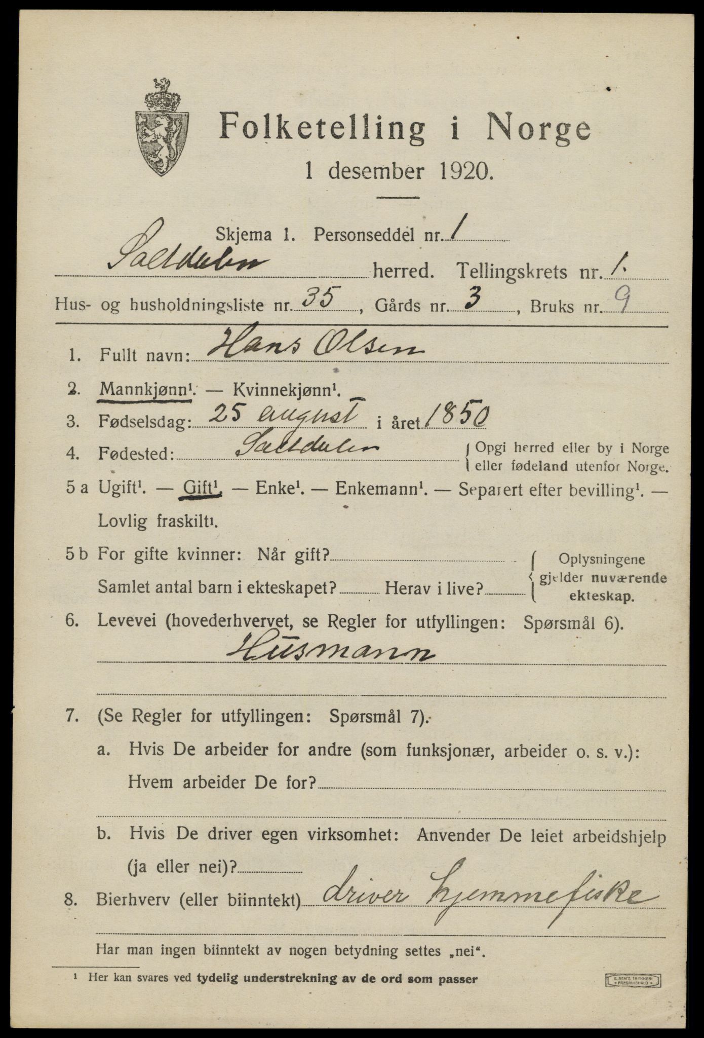 SAT, 1920 census for Saltdal, 1920, p. 1707