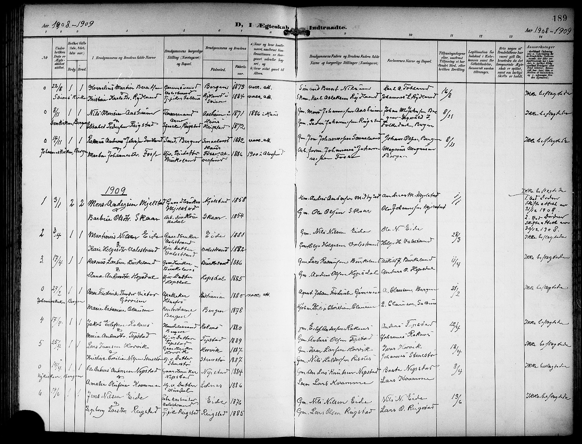 Hamre sokneprestembete, SAB/A-75501/H/Ha/Hab: Parish register (copy) no. B 4, 1898-1919, p. 189