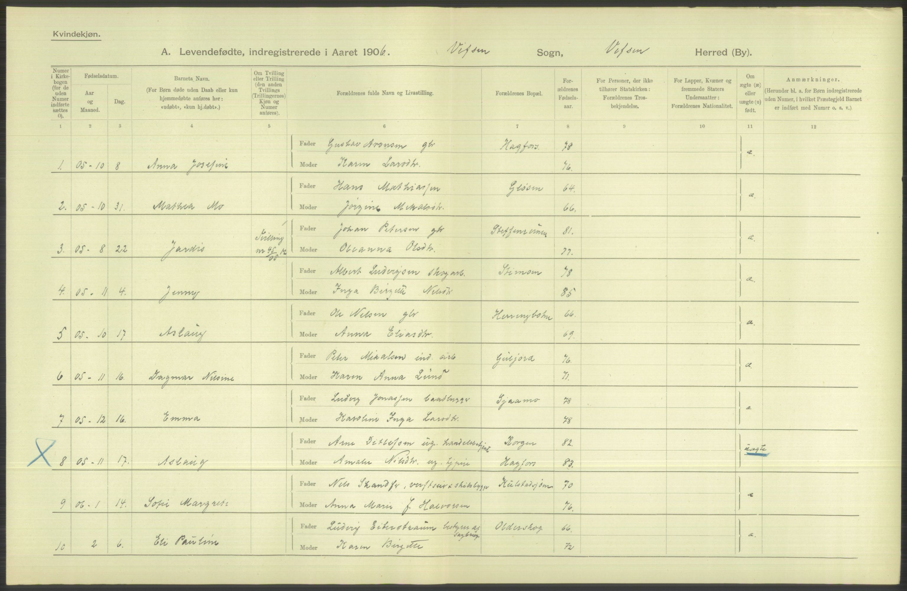 Statistisk sentralbyrå, Sosiodemografiske emner, Befolkning, AV/RA-S-2228/D/Df/Dfa/Dfad/L0043: Nordlands amt: Levendefødte menn og kvinner. Bygder., 1906, p. 54