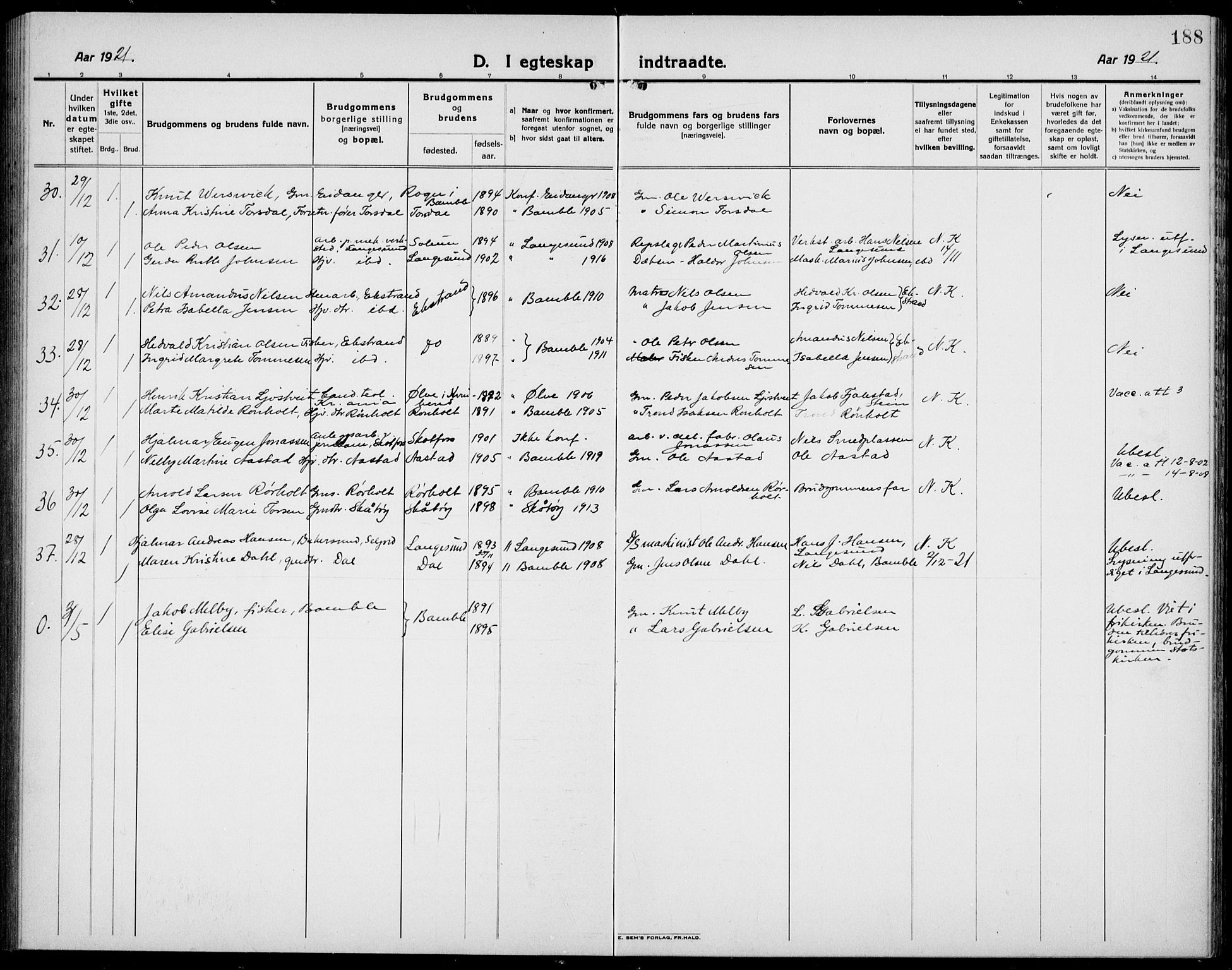 Bamble kirkebøker, AV/SAKO-A-253/G/Ga/L0011: Parish register (copy) no. I 11, 1920-1935, p. 188