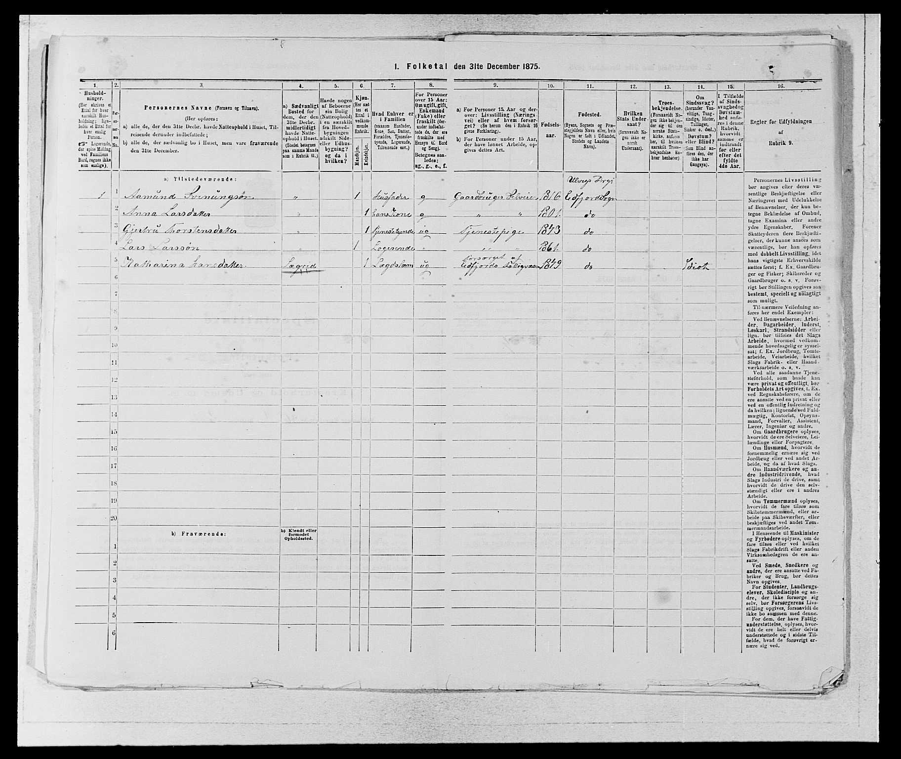 SAB, 1875 census for 1233P Ulvik, 1875, p. 1282