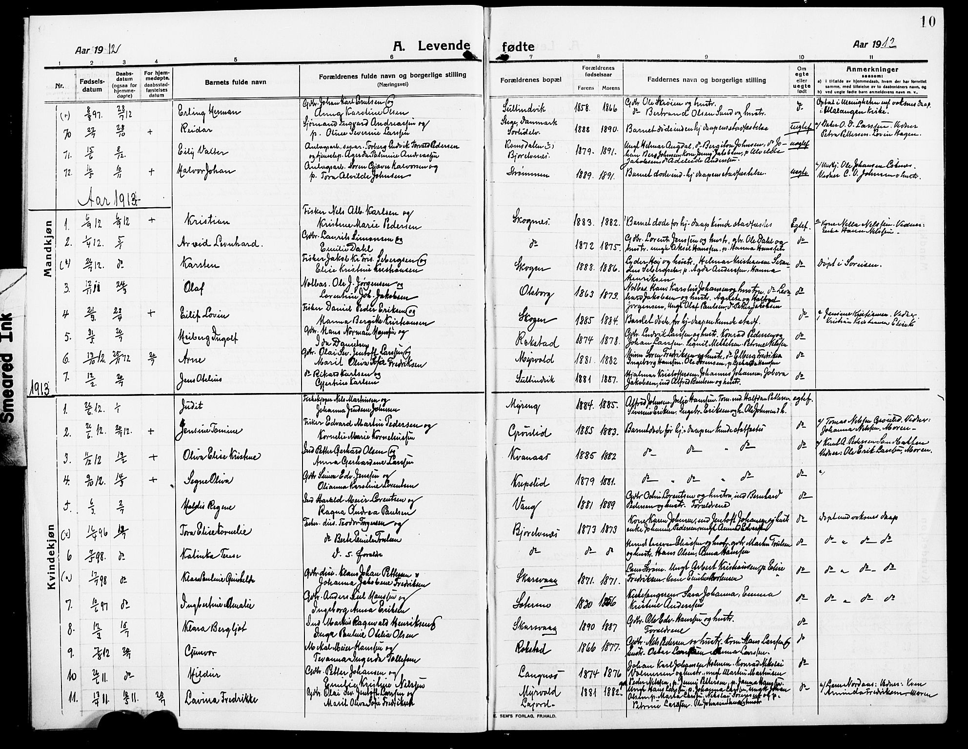 Lenvik sokneprestembete, AV/SATØ-S-1310/H/Ha/Hab/L0009klokker: Parish register (copy) no. 9, 1912-1926, p. 10