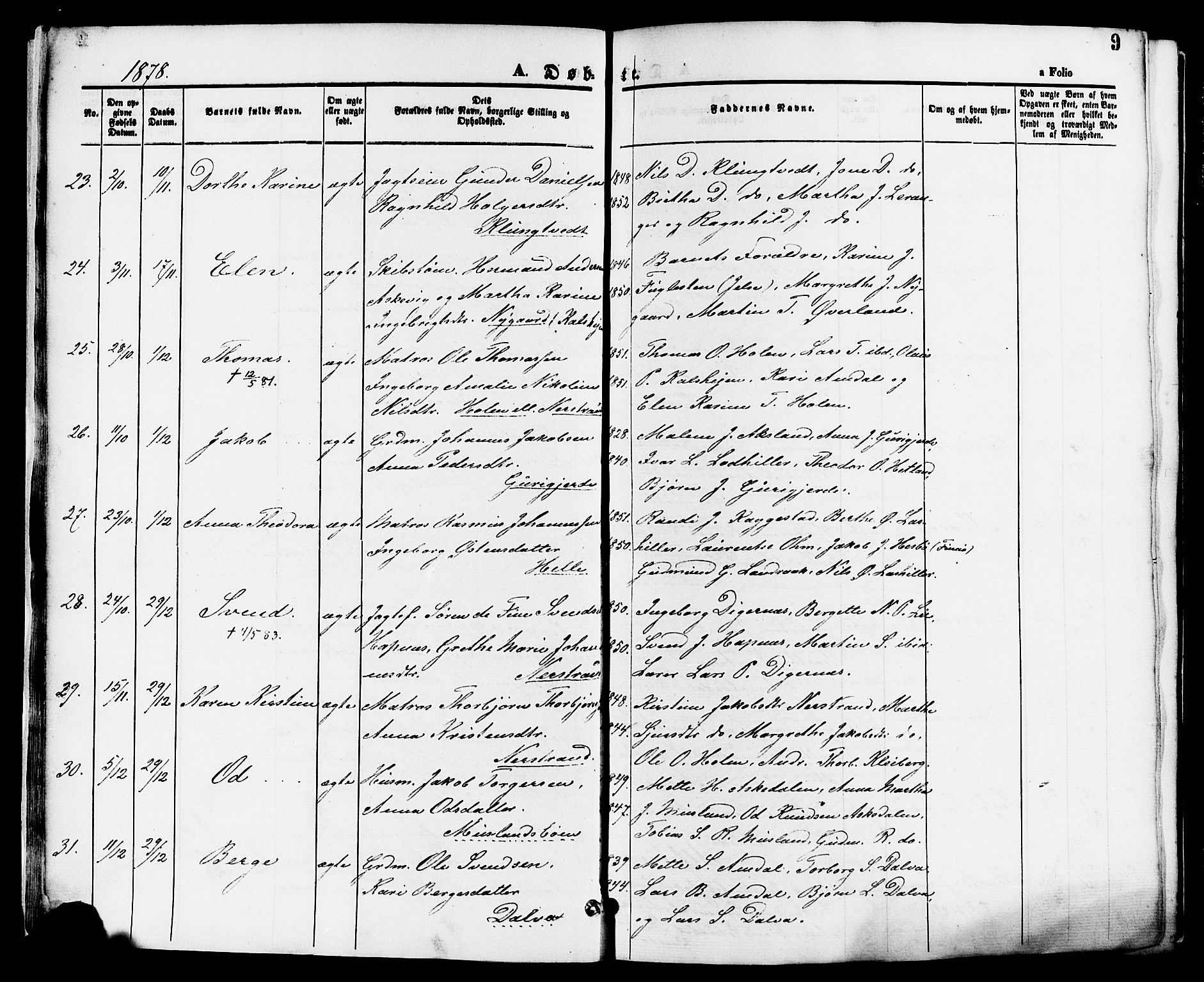Nedstrand sokneprestkontor, SAST/A-101841/01/IV: Parish register (official) no. A 11, 1877-1887, p. 9