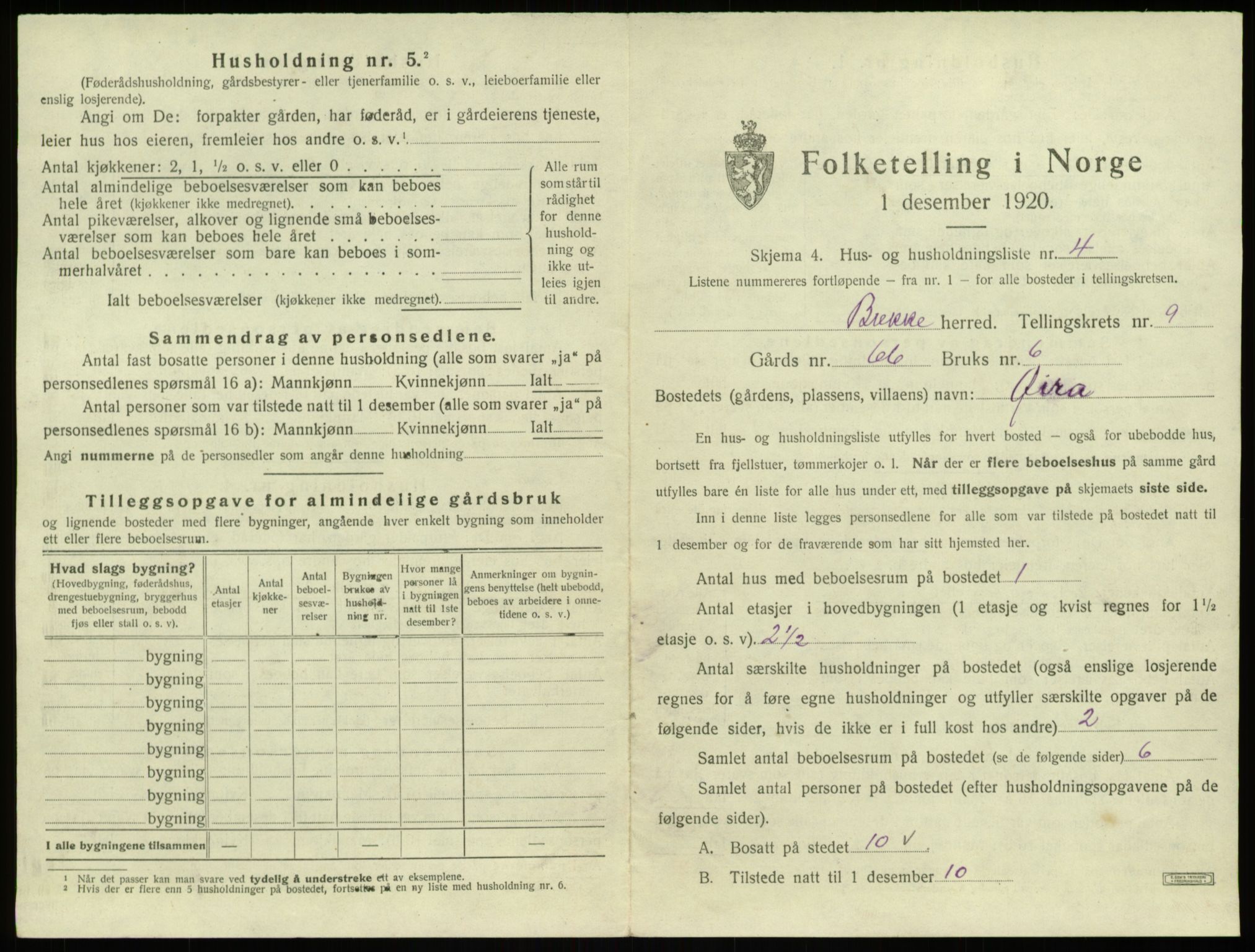 SAB, 1920 census for Brekke, 1920, p. 283