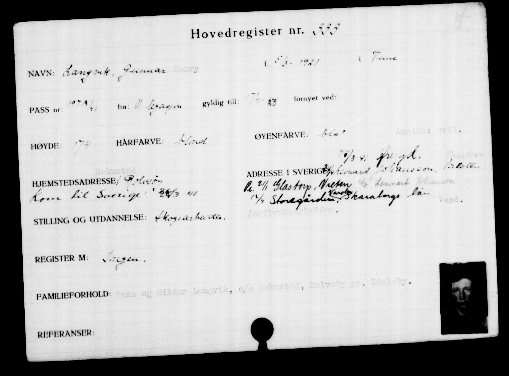 Utenriksstasjonene, Legasjonen i Stockholm, Flyktningkontoret, AV/RA-S-6753/V/Va/L0001: Kjesäterkartoteket, flyktninger med registreringsnr. 1-1000, 1940-1945, p. 531