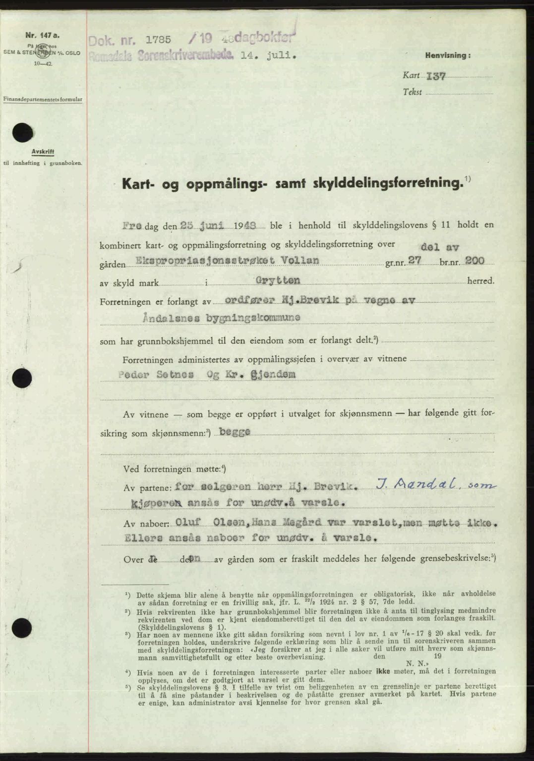 Romsdal sorenskriveri, AV/SAT-A-4149/1/2/2C: Mortgage book no. A26, 1948-1948, Diary no: : 1785/1948