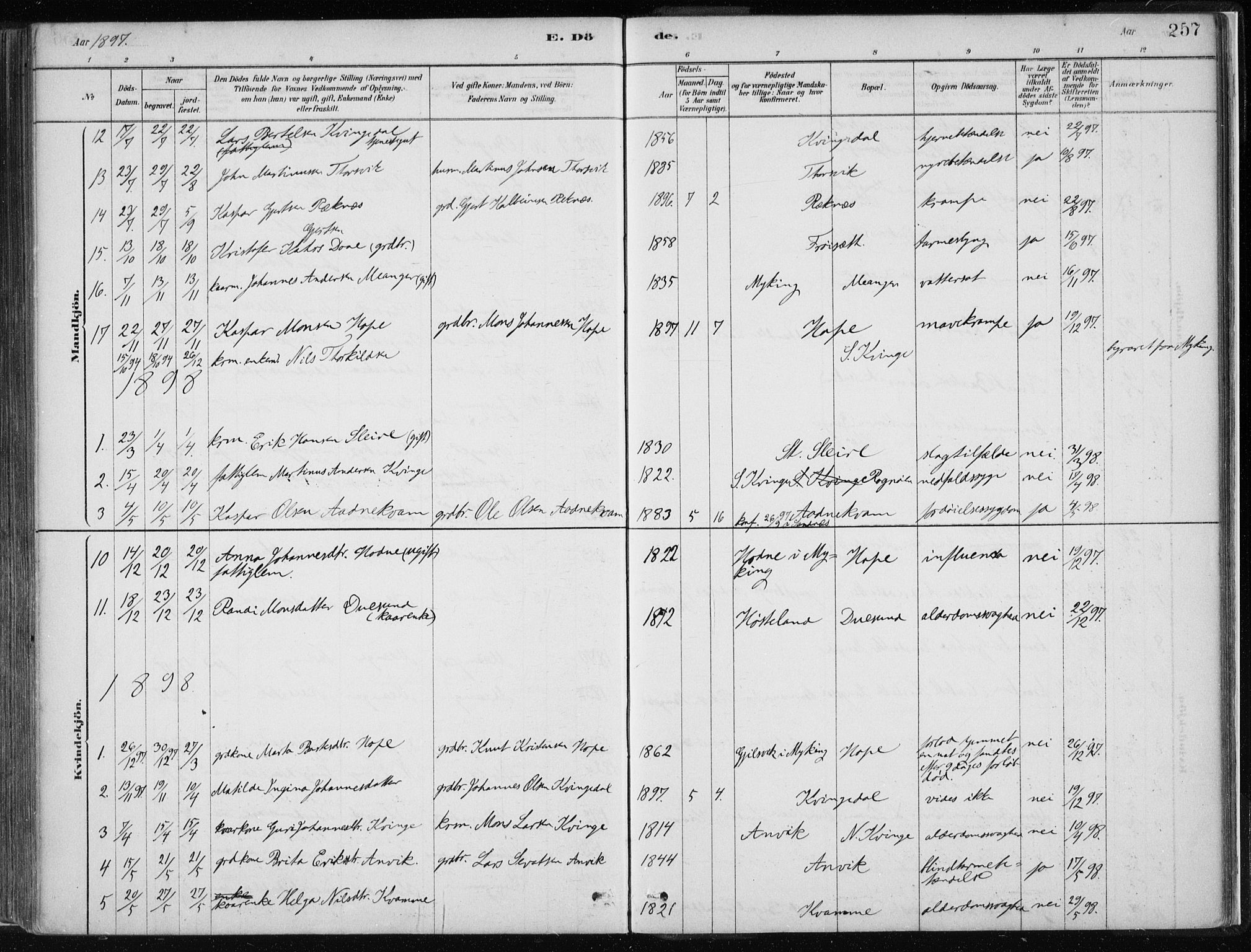 Masfjorden sokneprestembete, AV/SAB-A-77001: Parish register (official) no. B  1, 1876-1899, p. 257