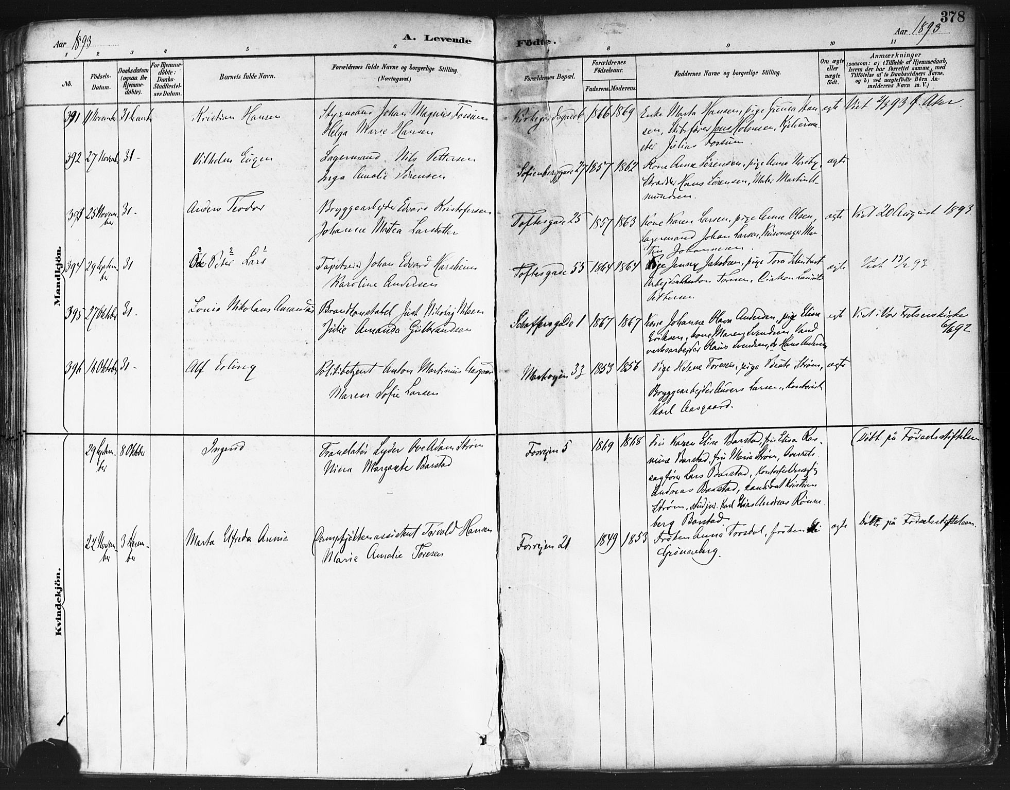 Paulus prestekontor Kirkebøker, AV/SAO-A-10871/F/Fa/L0013: Parish register (official) no. 13, 1887-1894, p. 378