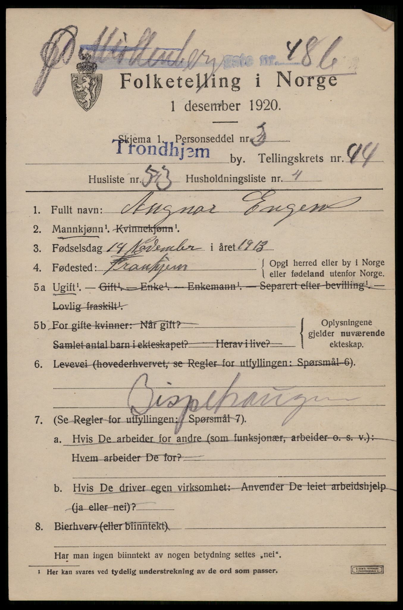 SAT, 1920 census for Trondheim, 1920, p. 96240