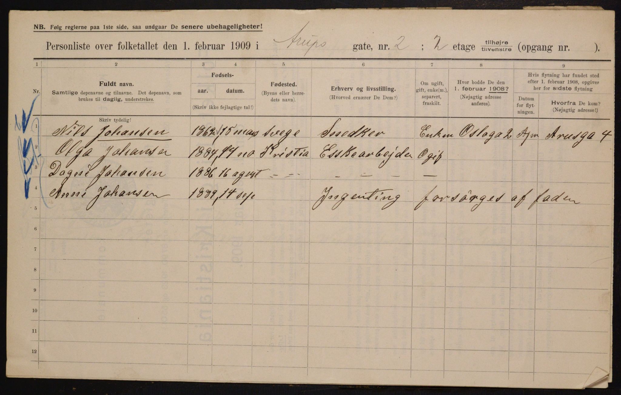 OBA, Municipal Census 1909 for Kristiania, 1909, p. 2043
