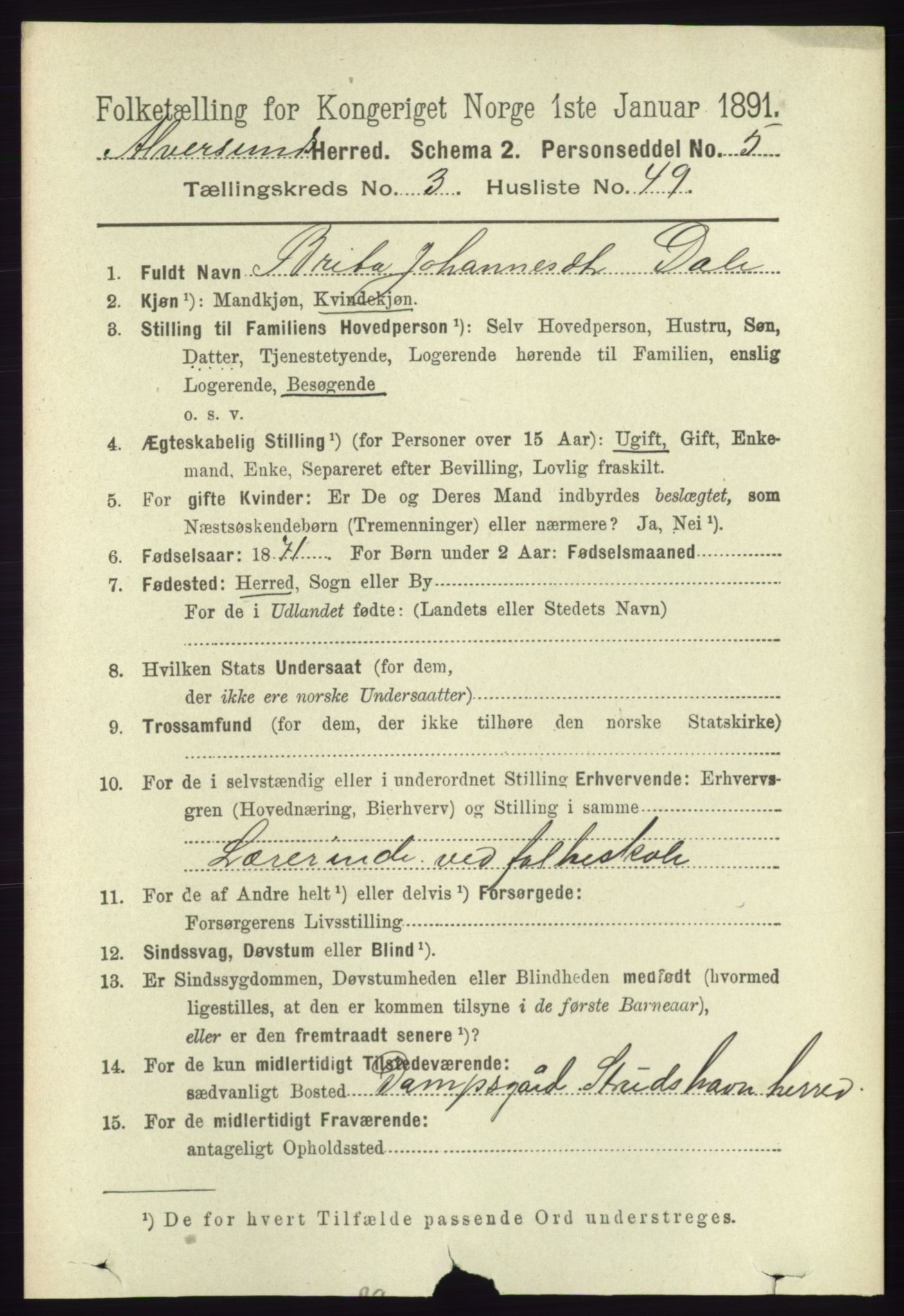 RA, 1891 census for 1257 Alversund, 1891, p. 1350