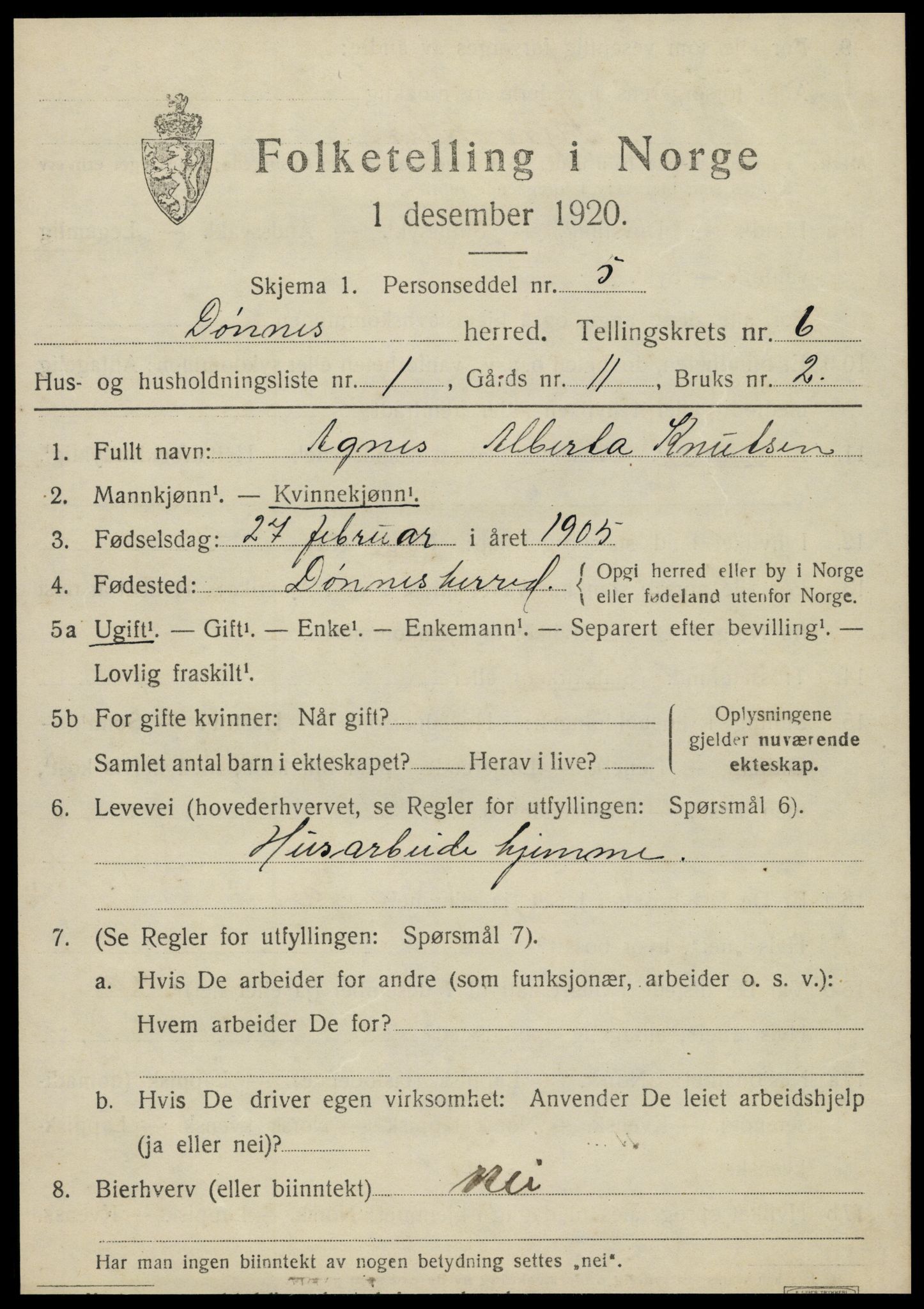 SAT, 1920 census for Dønnes, 1920, p. 3360