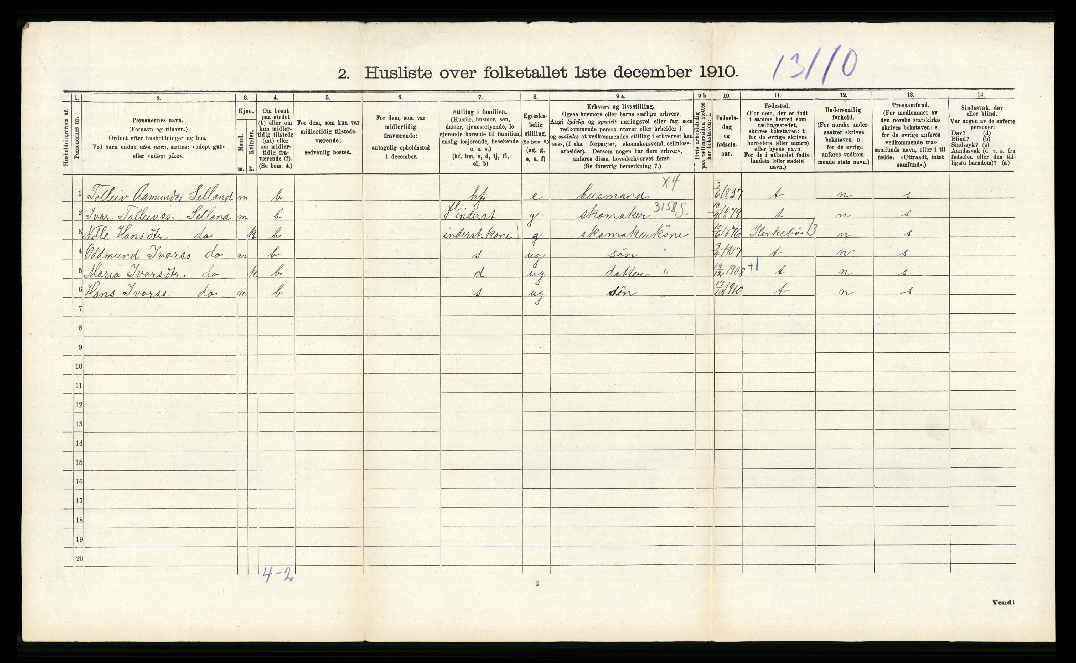 RA, 1910 census for Vossestrand, 1910, p. 626